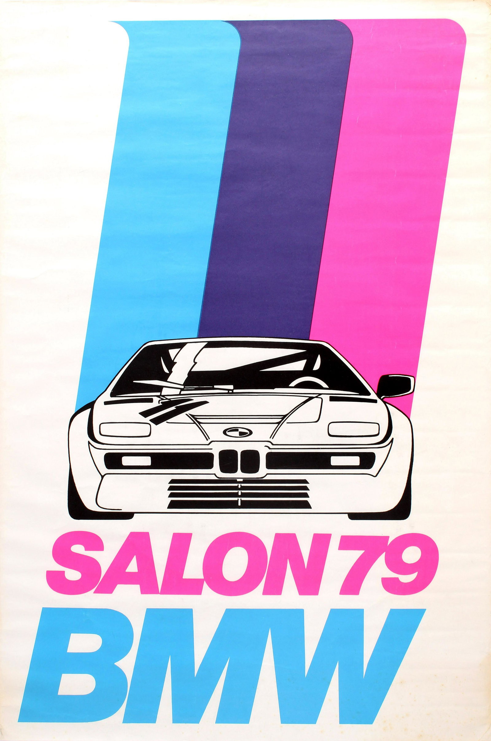 Advertising Poster BMW Salon 79 Sports Car: Original vintage motor car advertising poster for BMW Salon 79 featuring a stylised image of the BMW M1 sports car produced from 1978-1981 by the German car manufacturer BMW (founded 1916) set against