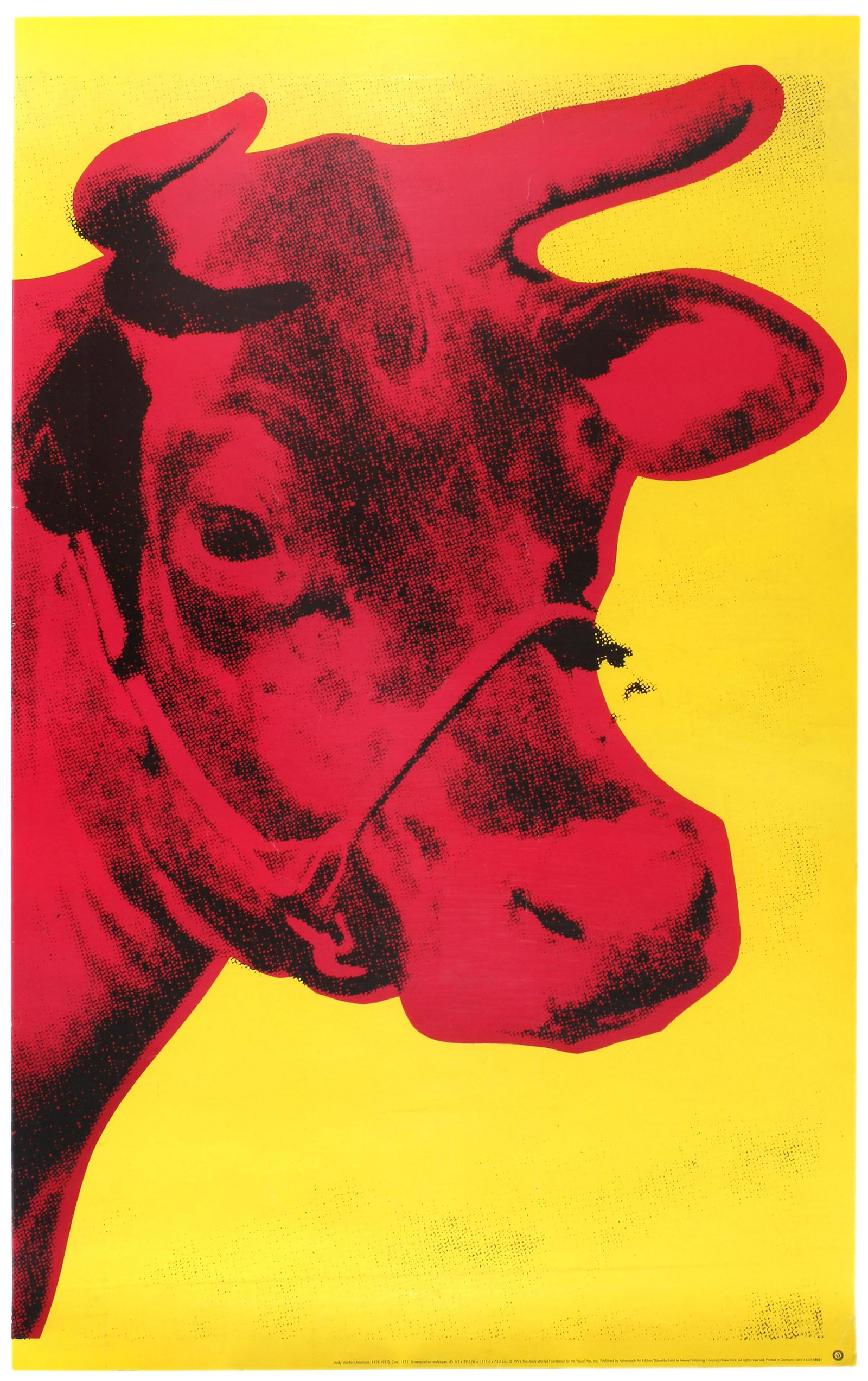 Advertising Poster Andy Warhol Cow Pop Art: Original vintage advertising poster featuring the iconic Andy Wahrol screenprint on wallpaper design showing the stylised image of a pink cow against a fluorescent yellow background. Published by Ache