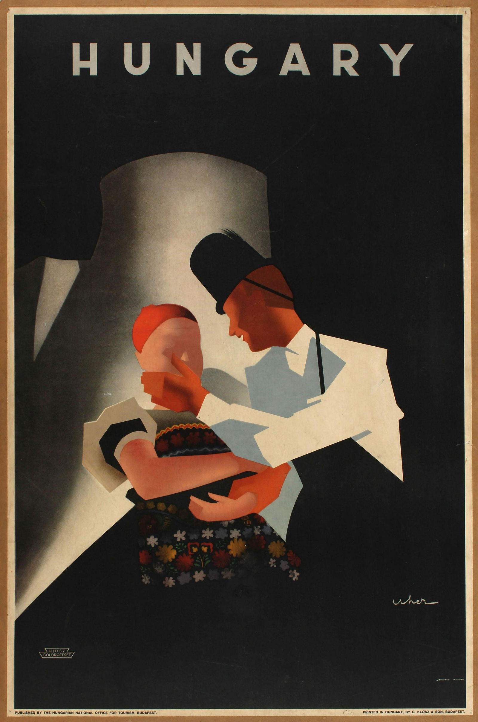 Travel Poster Hungary Hungarian National Office of: Original vintage travel poster published in English by Hungarian National Office for Tourism in Budapest, featuring a great design by Arisztid Uher depicting two dancers dressed in traditonal clothing