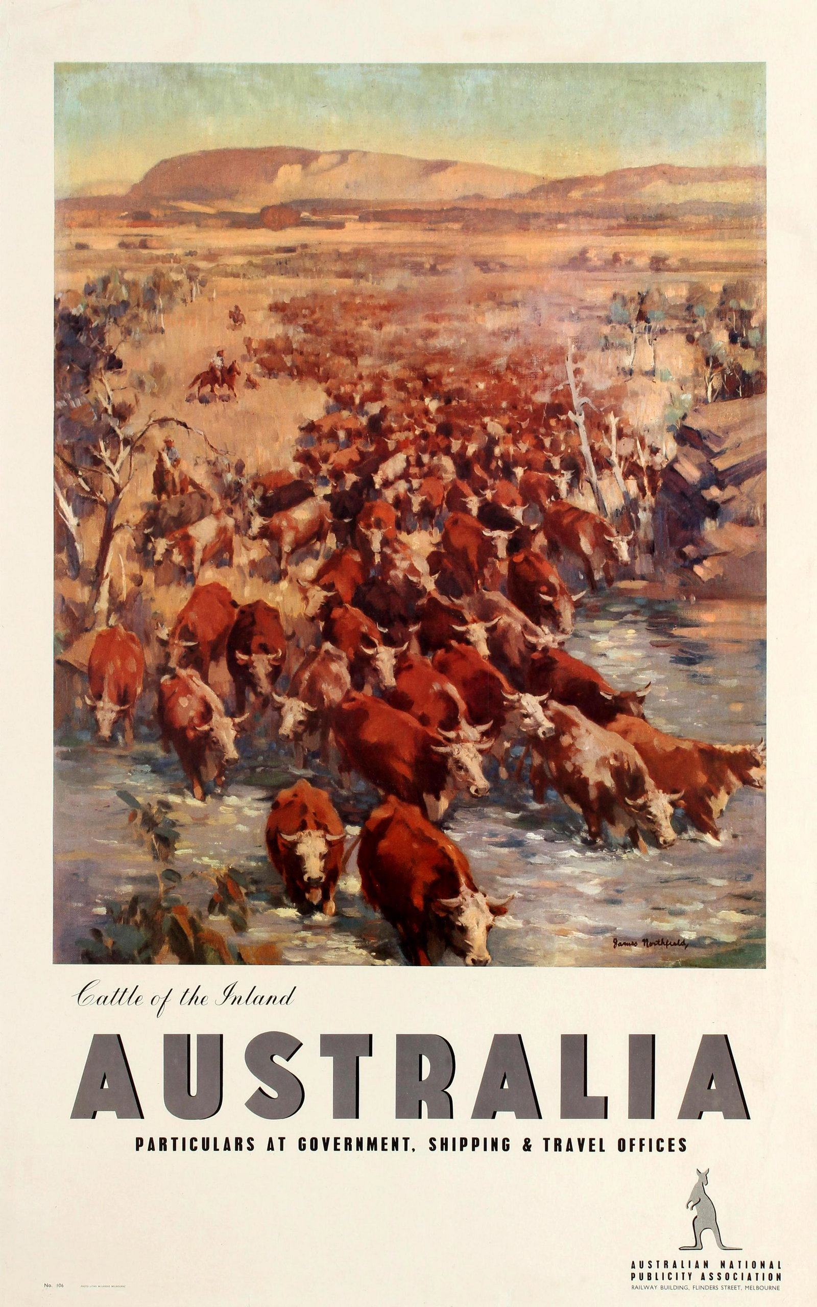 Travel Poster Cattle Of The Inland Australia James: Original vintage travel advertising poster published by Australian travel association. Fantastic artwork by the notable artist James Northfield (1887-1973) featuring men on horses driving their herd o