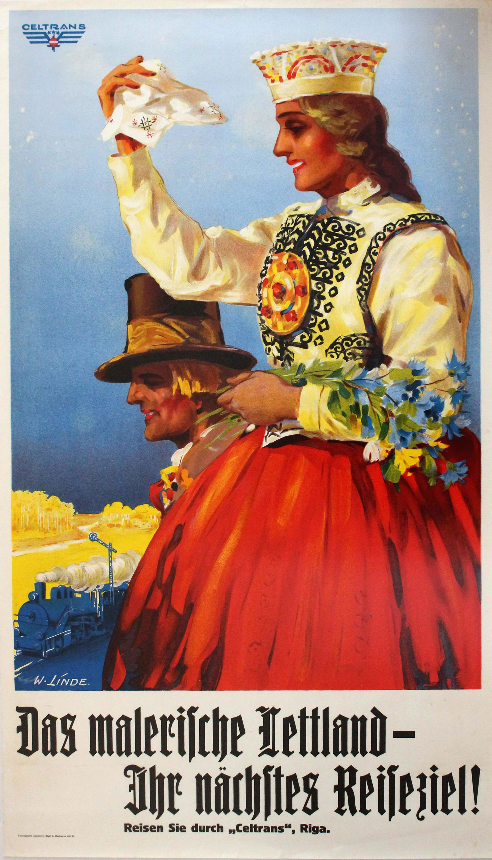 Travel Poster Latvia by Celtrans Railway: Original vintage poster for Latvia by Celtrans Railway. Colourful image of a lady and man in traditional costume wearing hats, the lady holding flowers and waving a cloth as a steam train passes by a