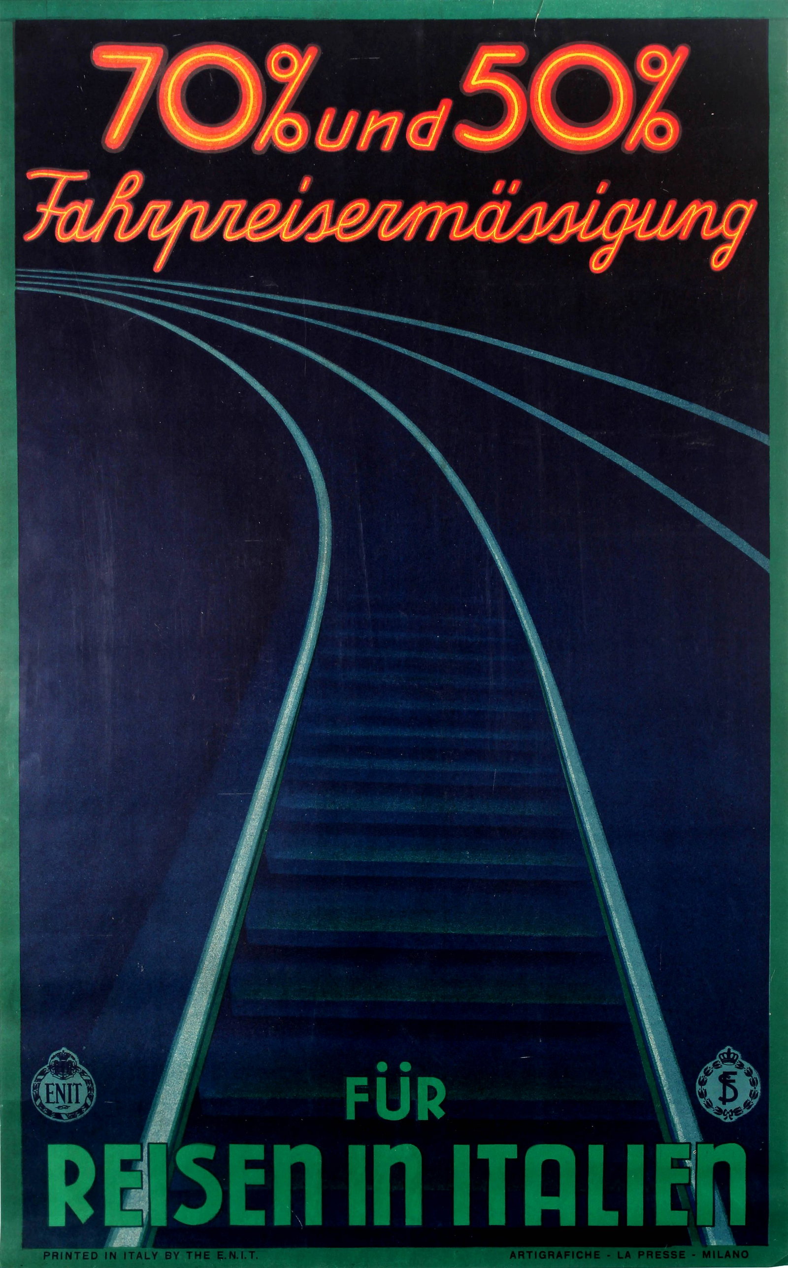 Travel Poster Travel in Italy ENIT Railway: Original vintage travel advertising poster in German to promote Italy - 70% and 50% Discount for Travel in Italy / 70% und 50% Fahrpreisermassigung Fur Reisen in Italien published by the Italian Gover