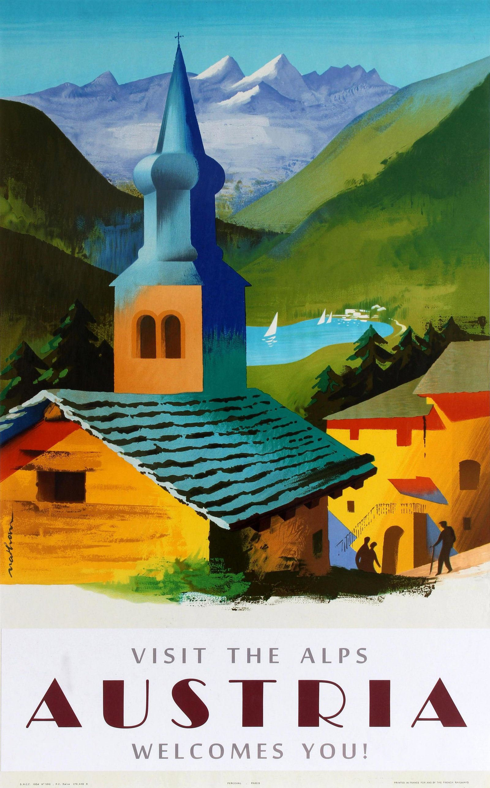 Travel Poster Visit the Alps Ski Austria Skiing: Original vintage travel poster - Visit the Alps Austria Welcomes You! - featuring a scenic image of people walking on a village street with the church spire rising in front of sailing boats on a lake 
