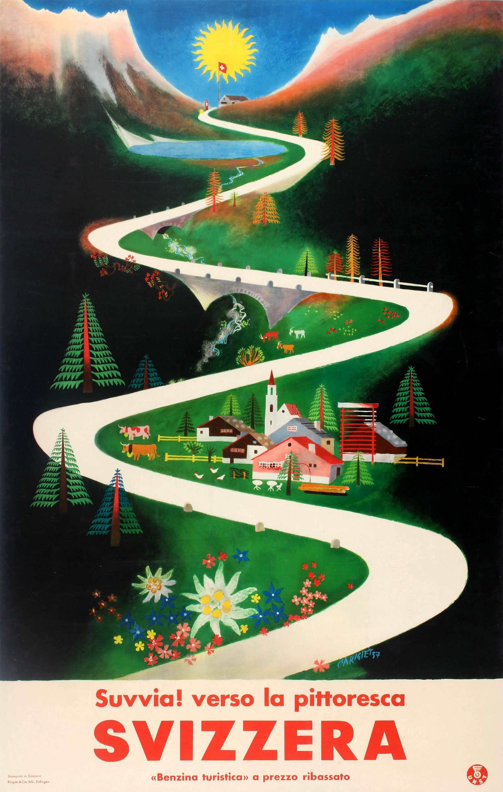 Travel Poster Picturesque Switzerland Carigiet: Original vintage travel advertising poster in Italian: Come on! To picturesque Switzerland / Suvvia! Verso la pittoresca Svizzera – Benzina turistica a prezzo ribassato. Fantastic illustration s
