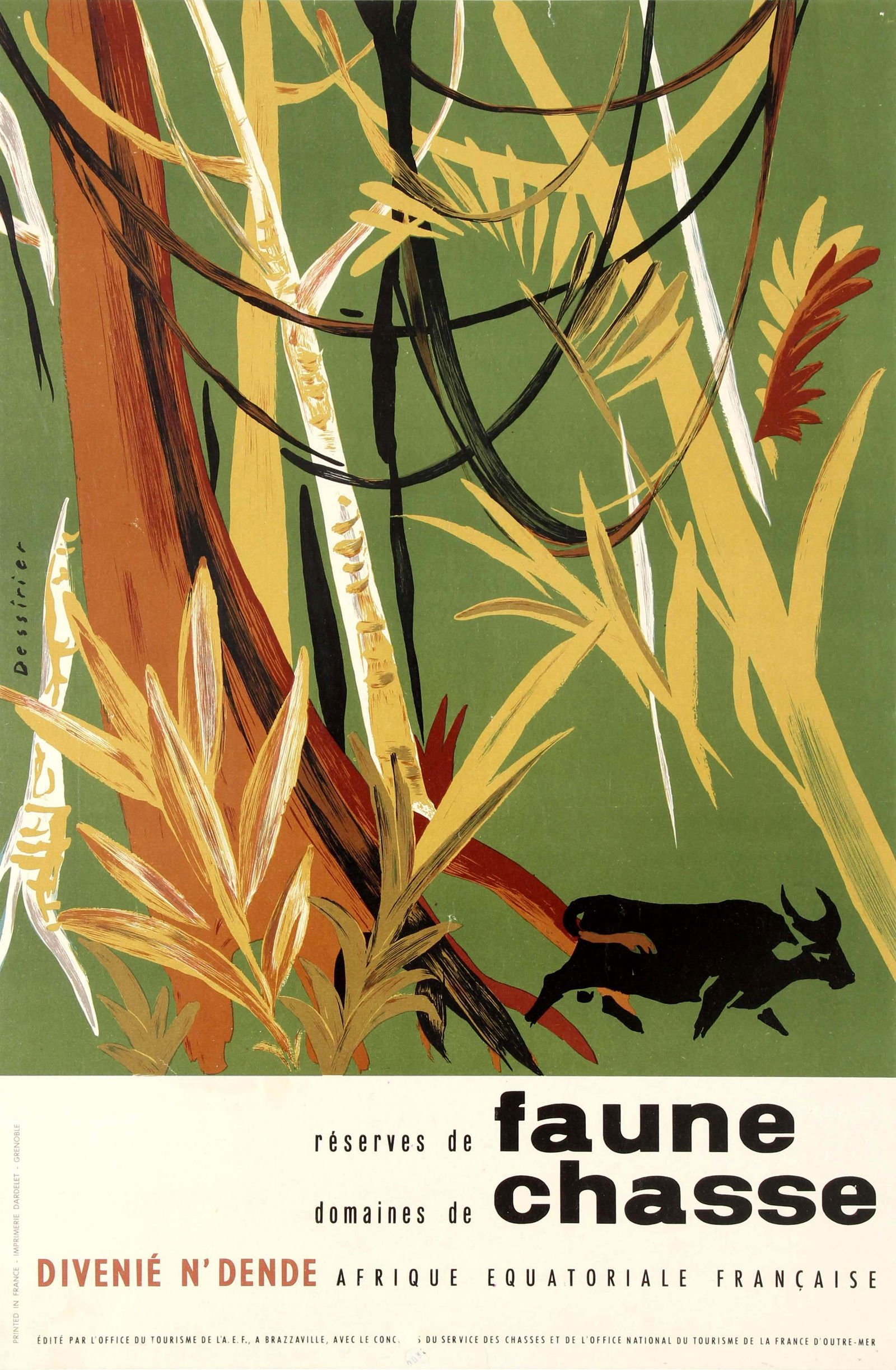 Travel Poster Hunting Safari Wildlife Reserve Africa: Original vintage travel poster advertising the safari wildlife hunting reserve areas in French Equatorial Africa (N'Dende Gabon) - Reserves de Faune Domaines de Chasse Afrique Equatoriale Francais - d