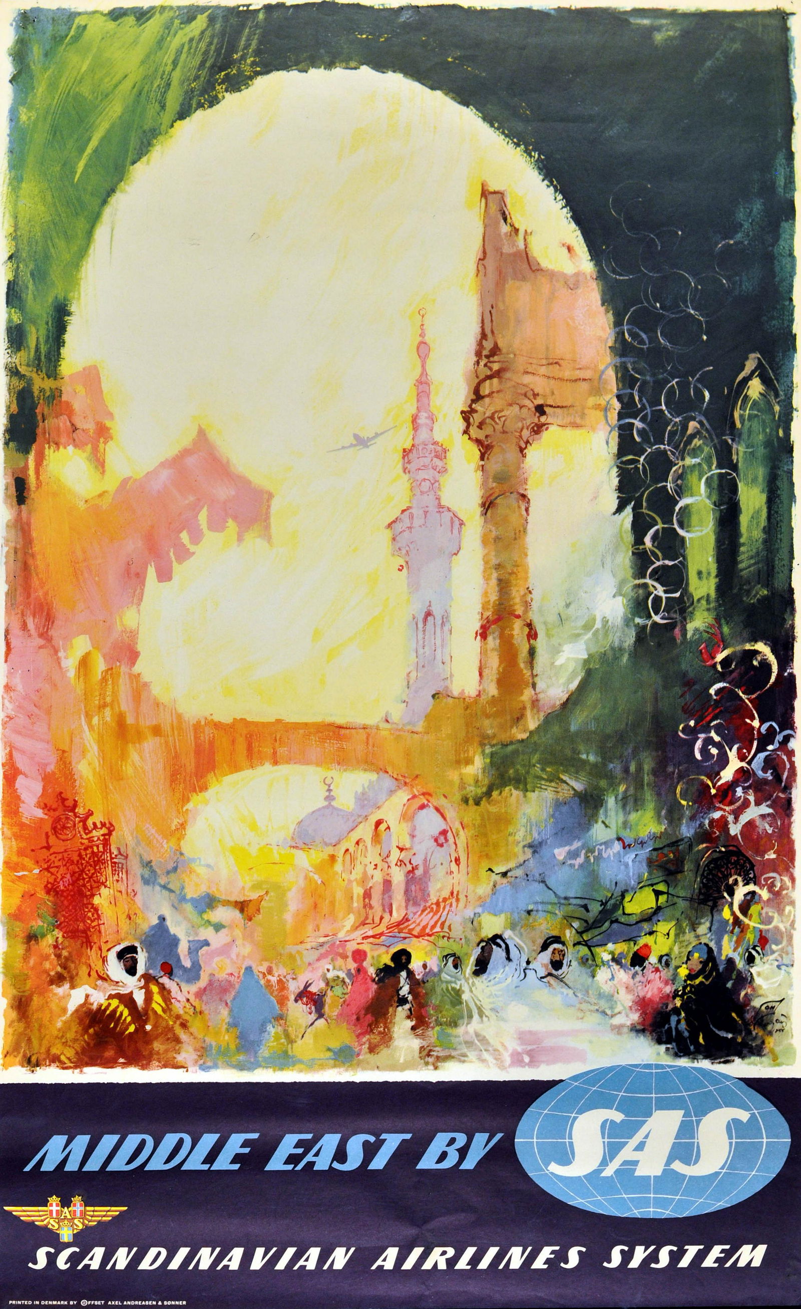 Travel Poster Middle East SAS Otto Nielsen: Original vintage travel poster promoting destinations in the Middle East. Artwork by Otto Nielsen (1916-2000). Issued by the Scandinavian Airlines System (SAS) and printed in Denmark by Offset Axel An