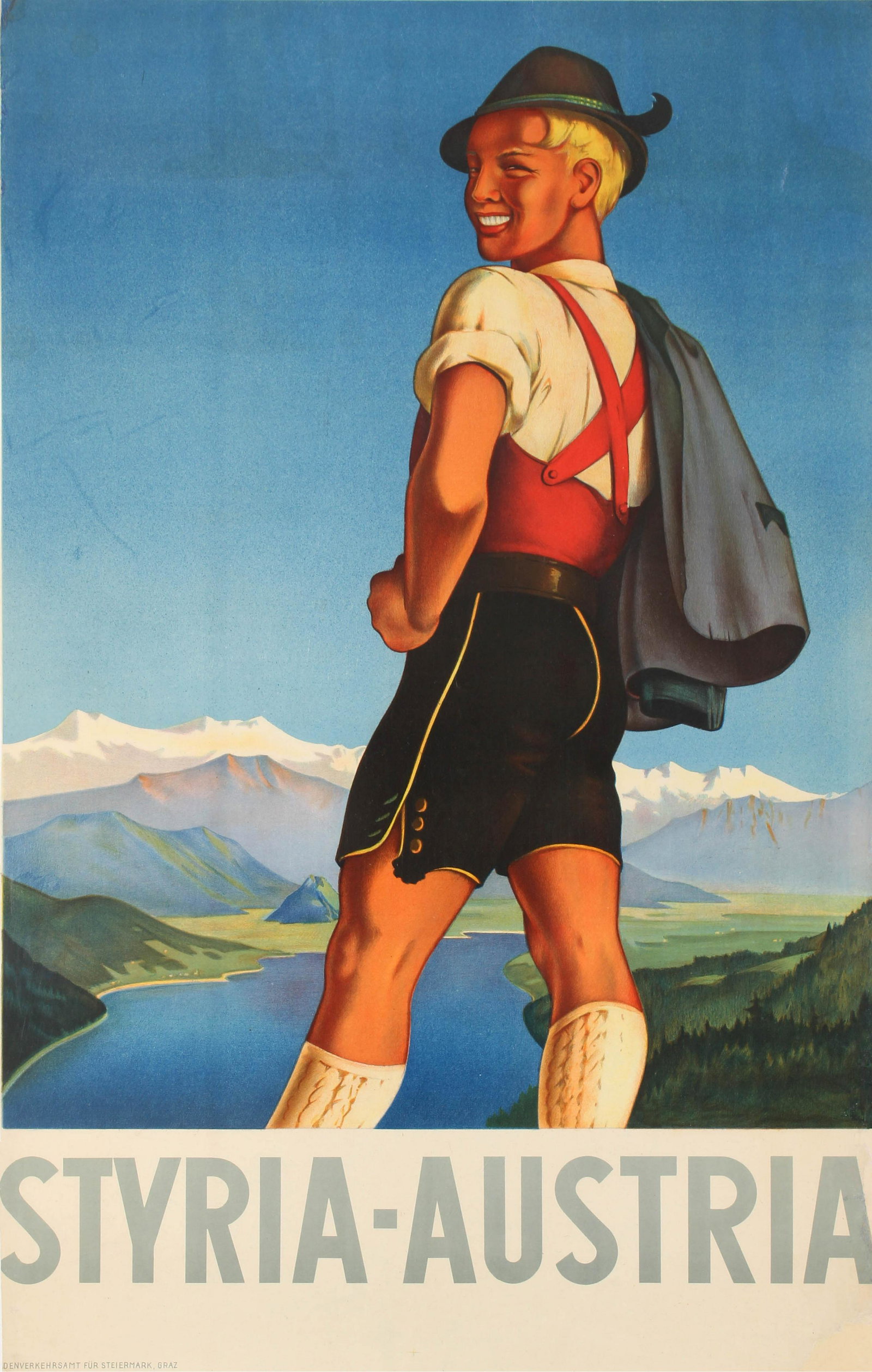 Travel Poster Styria Mountains Austria: Original vintage travel poster for the mountainous forested state in southern Austria - Styria - known for its wine, spas and castles. Great illustration showing a smiling young blonde boy wearing a t