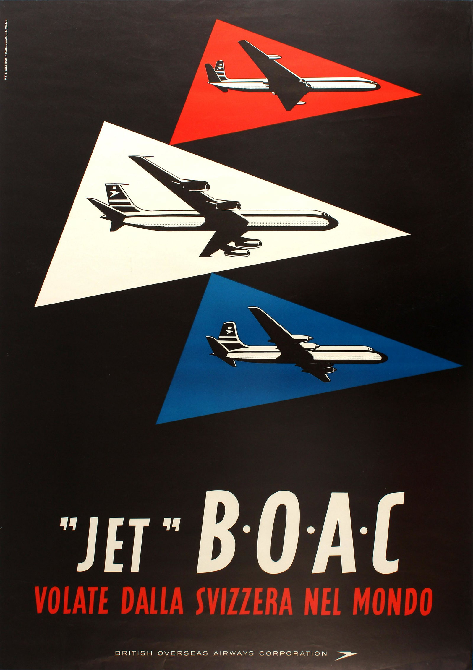 Travel Poster Jet BOAC Airline Mindcentury Modern: Original vintage travel advertising poster published in Italian by the British Overseas Airways Corporation (B.O.A.C.) to promote its flights from Switzerland: Fly Worldwide From Switzerland / "Jet" B