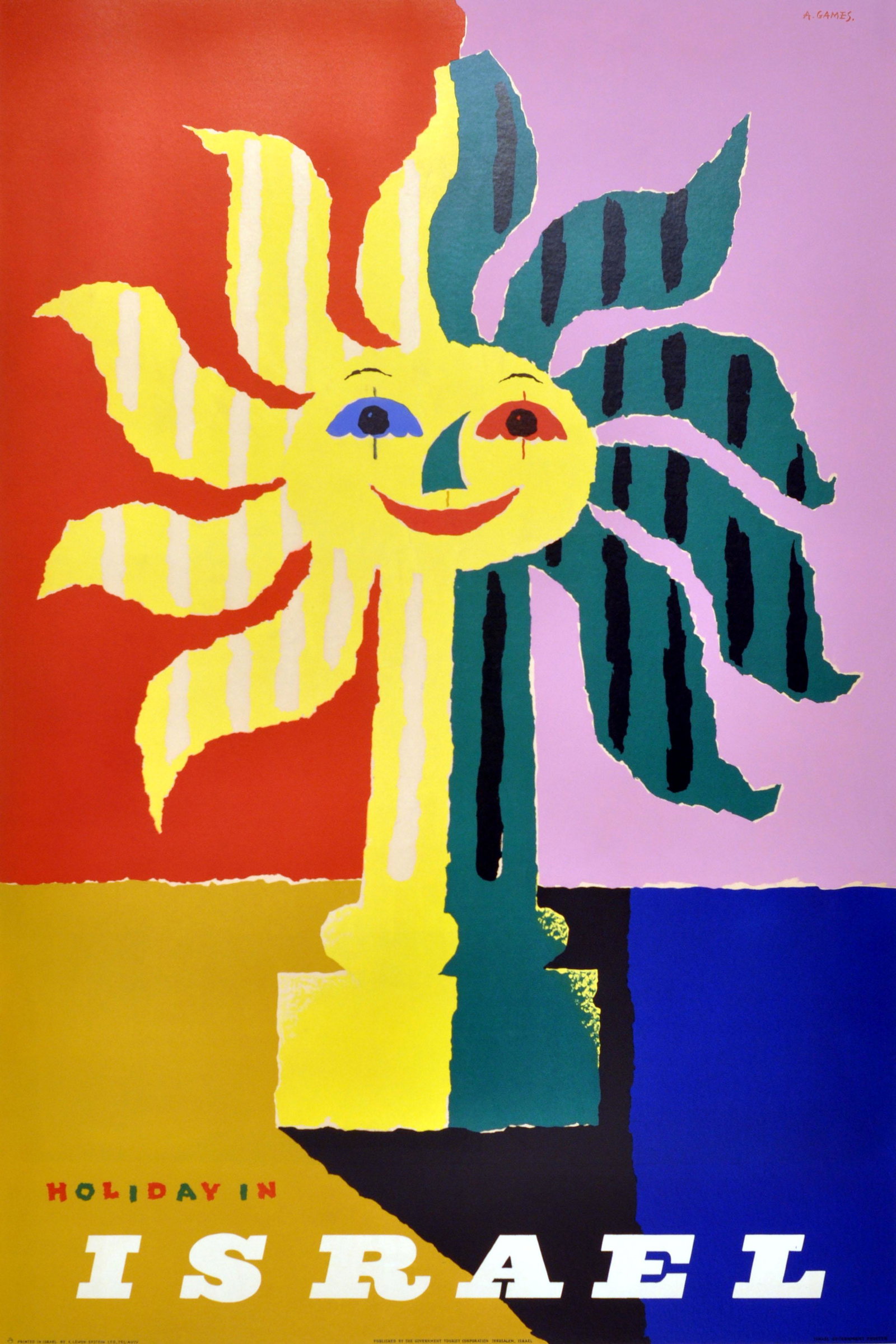 Travel Poster Holiday in Israel Abram Games: Original vintage travel poster advertising holidays in Israel, published by the Government Tourist Organisation, Jerusalem, Israel. Colourful mid-century modern image of a palm tree wearing the sun as