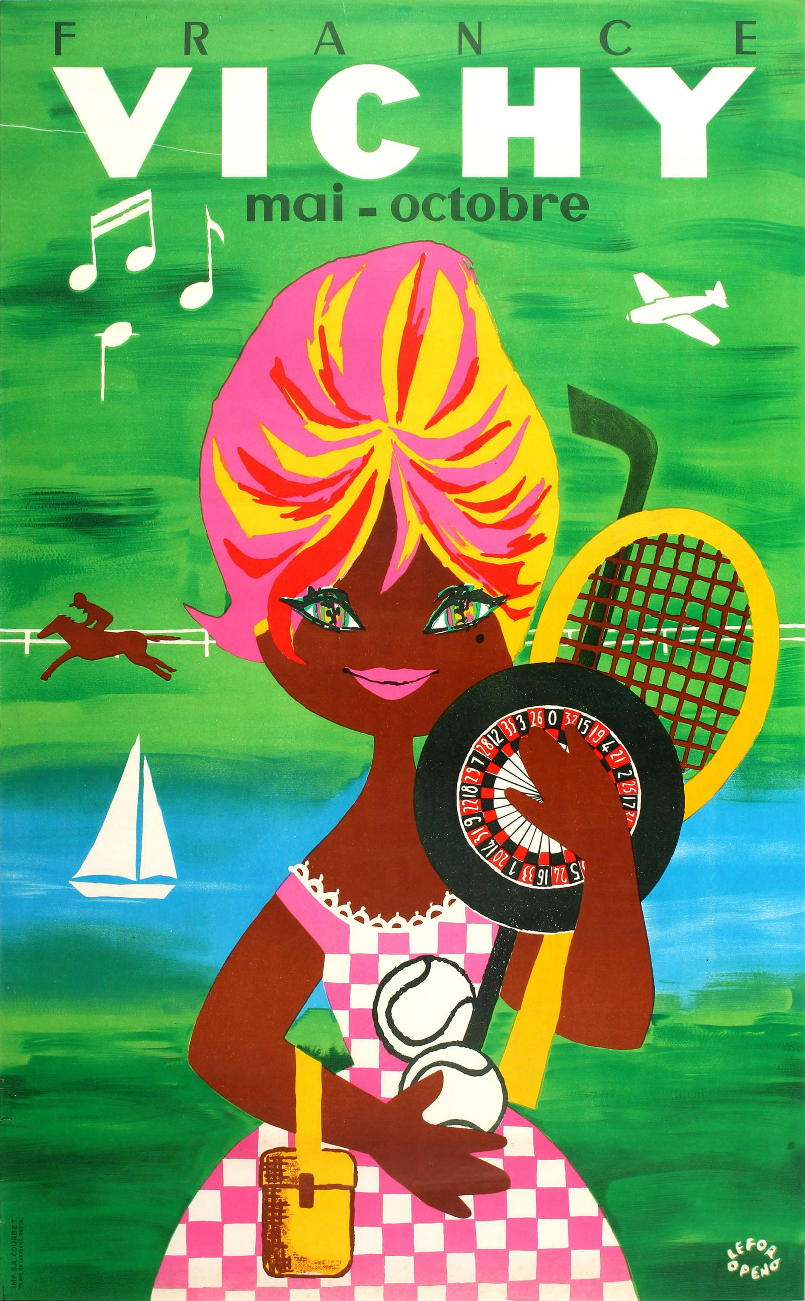 Travel Poster Vichy France: Original vintage travel advertising poster for France Vichy promoting the various sports and activities on offer during the summer from May-October. Colourful stylised image showing a young lady holdi