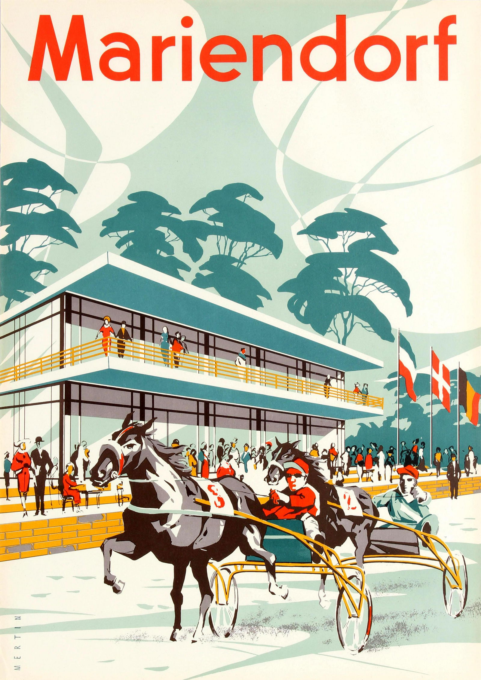 Travel Poster Mariendorf Horse Race Mertin: Original vintage travel poster for Mariendorf featuring dynamic illustration of a harness racing sport event at the Trabrennbahn Mariendorf racecourse of two jockeys riding in a horse and cart race ar