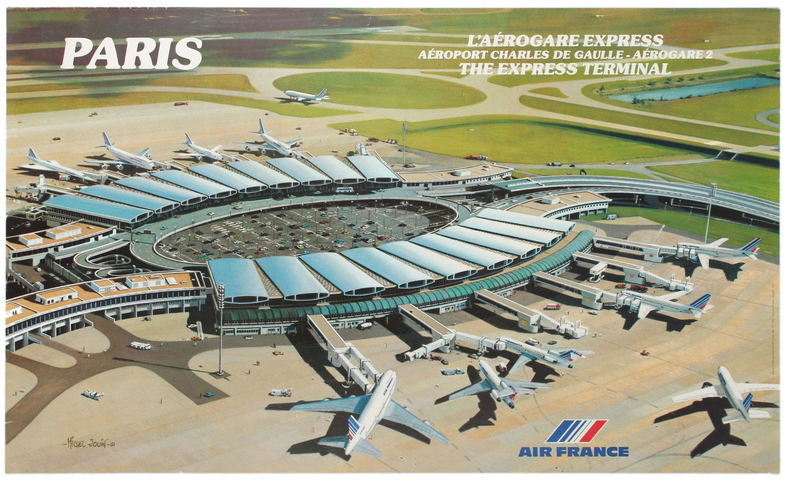 Travel Poster Air France Charles de Gaulles Airport: Original vintage travel poster published by Air France to announce the opening in 1982 of the Express Terminal (Terminal 2) at the Charles de Gaulle Airport in Paris with an artwork by Michel Jouin sh