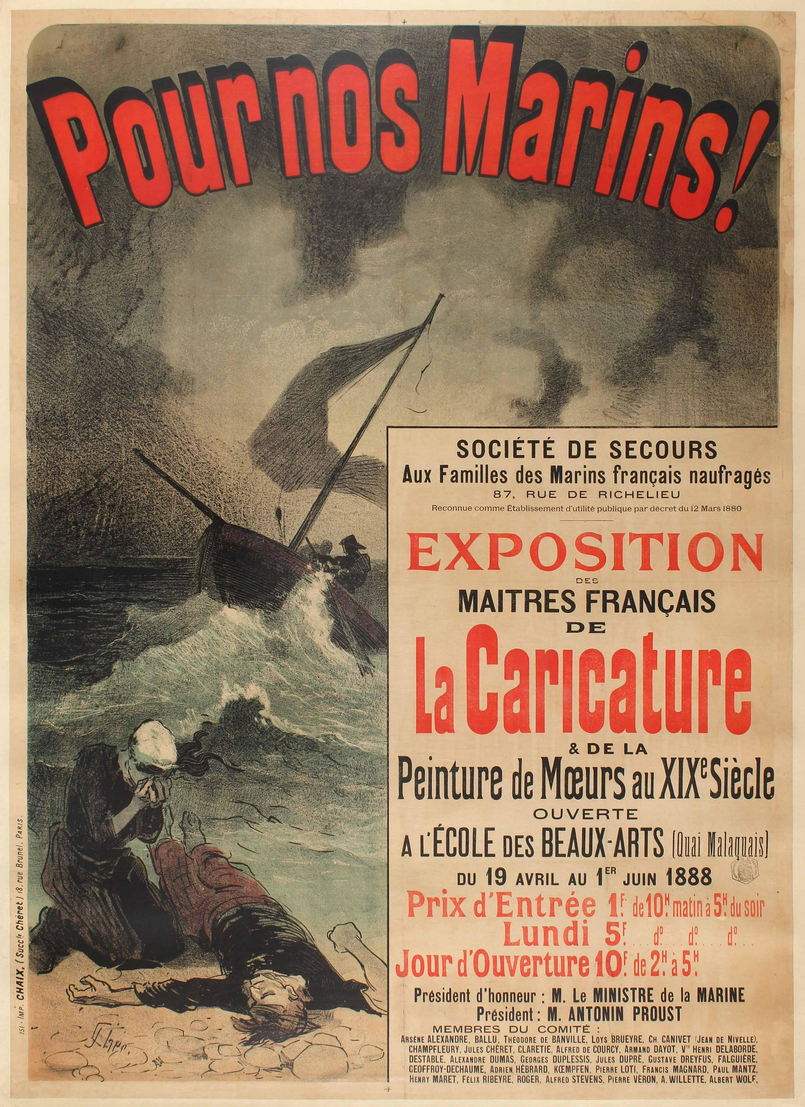 Propaganda Poster Pour Nos Marins For Our Sailors: Original vintage propaganda poster by Jules ChÃ©ret, for a fund-raising exhibition of works by French masters of 'Caricatures et Peinture de Moeurs' in the 19th Century, to benefit the families of s