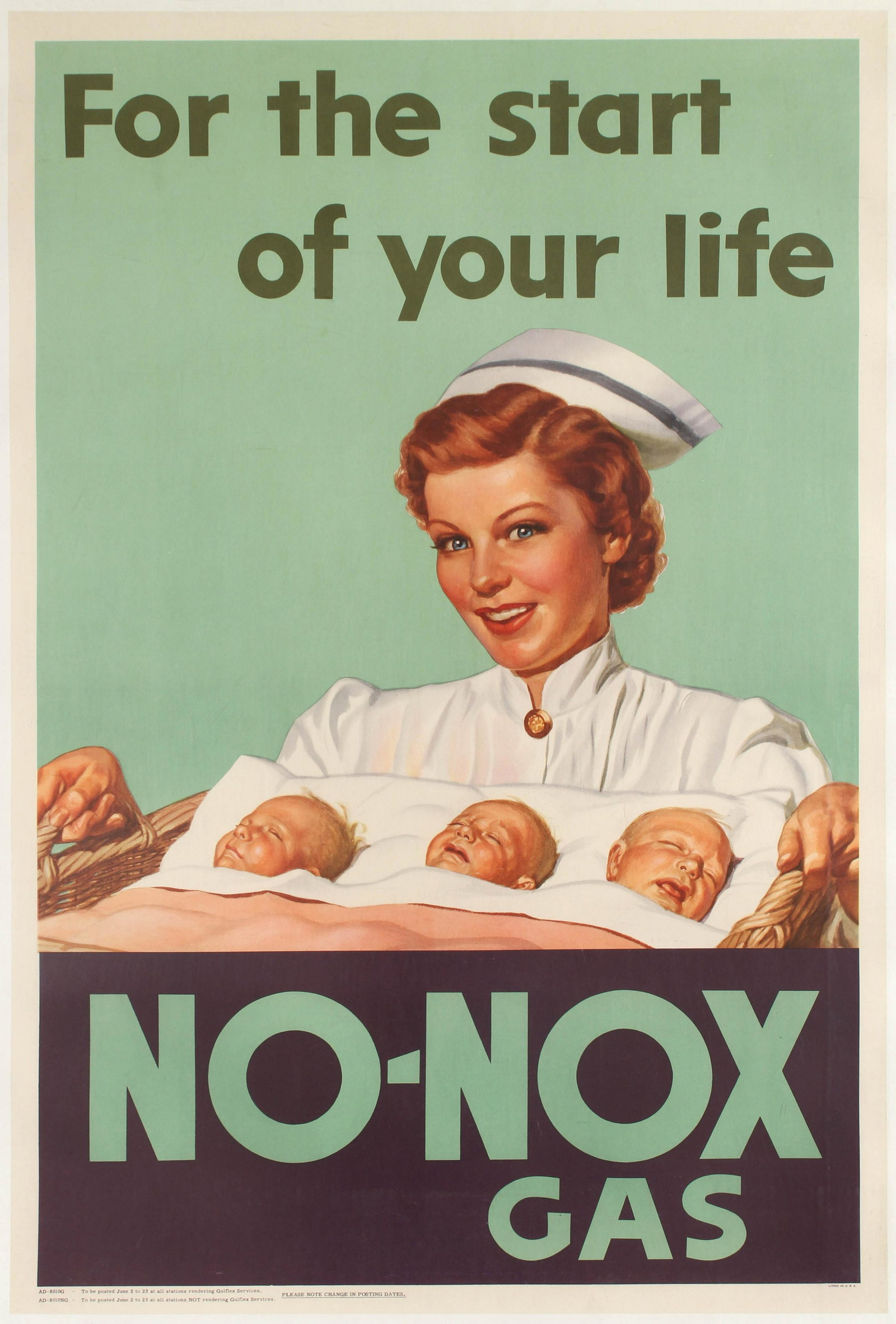 Advertising Poster Nurse Midwife Triplets No-Nox Gas: Original vintage advertising poster: For the start of your life - No-Nox Gas. Poster published by Gulf Oil corporation to be displayed at all gas stations not rendering Gulflex Services, featuring a b