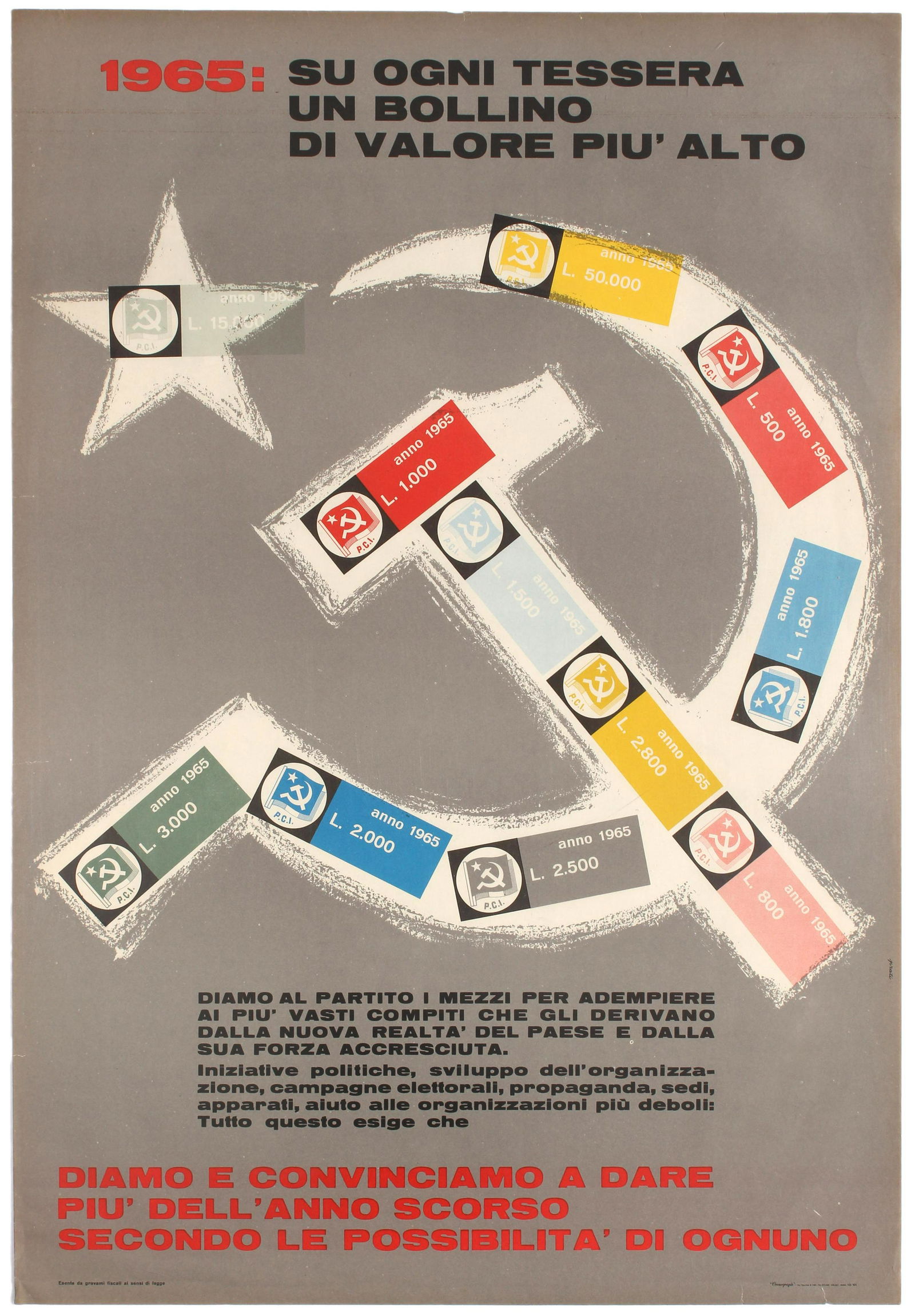 Propaganda Poster Italian Communist Party Fundraising: Original vintage Italian propaganda poster for the Italian Communist Party (PCI) published in 1965 to promote the party's fundraising campaign and pledges: Su Ogni Tessera un Bollino di Valore piu Alt