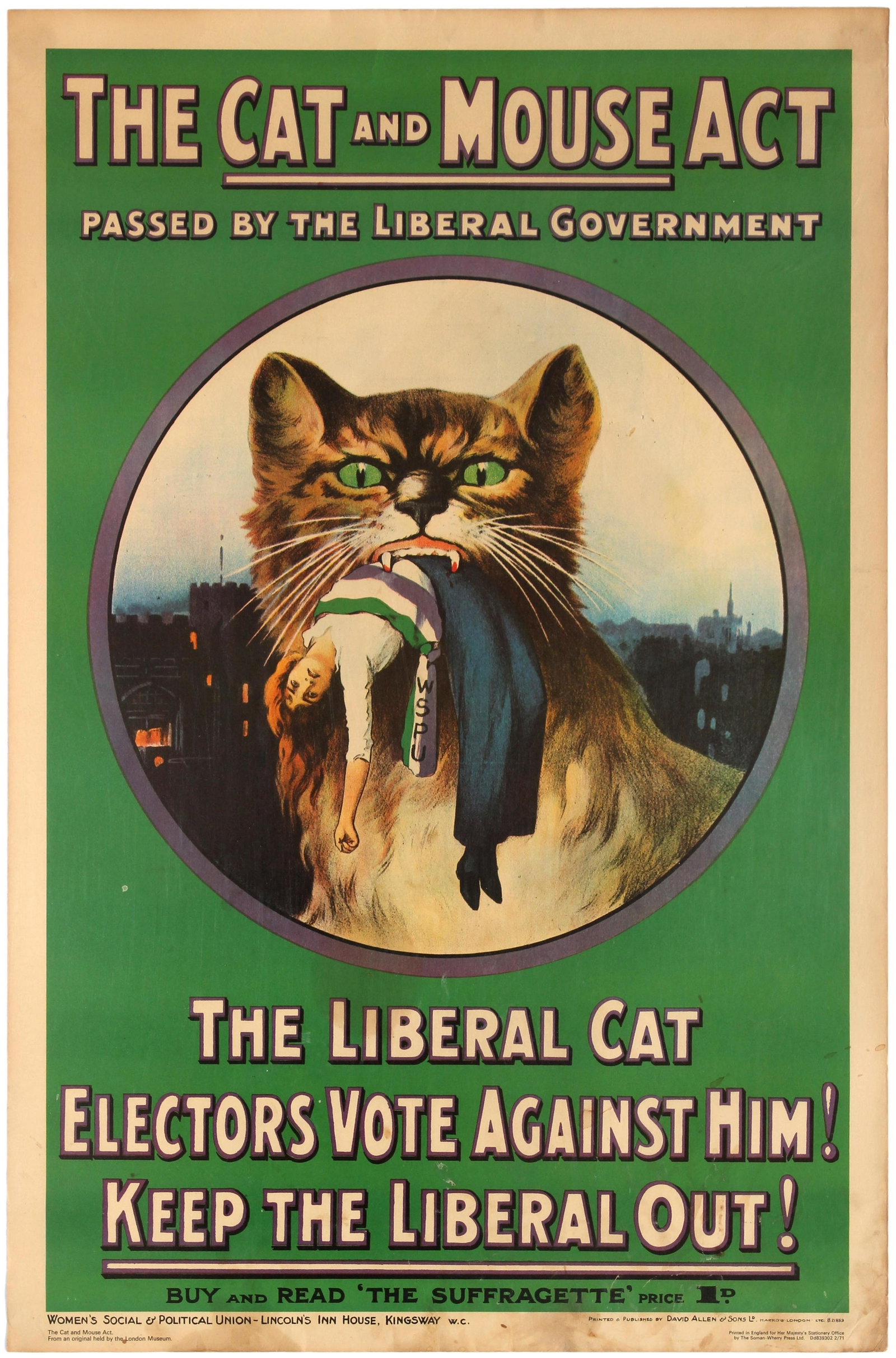 Propaganda Poster Suffragette Feminism Cat And Mouse: Vintage reproduction propaganda poster originally published by the Women's Social & Political Union (WSPU): â€˜The Cat and Mouse Act Passed by the Liberal Government - The Liberal Cat - Electors V