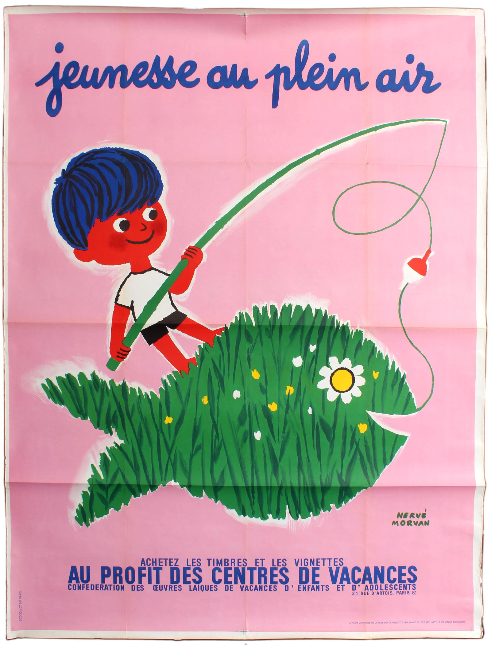 Propaganda Poster Jeunesse Au Plein Air Fishing Herve: Original vintage French propaganda poster promoting summer camps and outdoor holidays for all children and young people with a charming design by notable French graphic artist Herve Morvan (1917-1980)