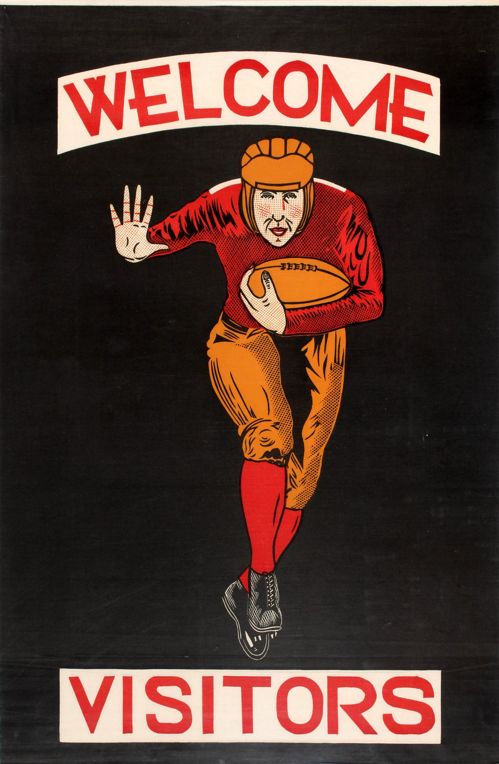 Sport Poster Welcome Visitors Rugby American Football: Original vintage American Football poster - Welcome Visitors - printed on cloth and featuring a rugby player in red and orange sports clothing and wearing protective headgear, charging forward towards