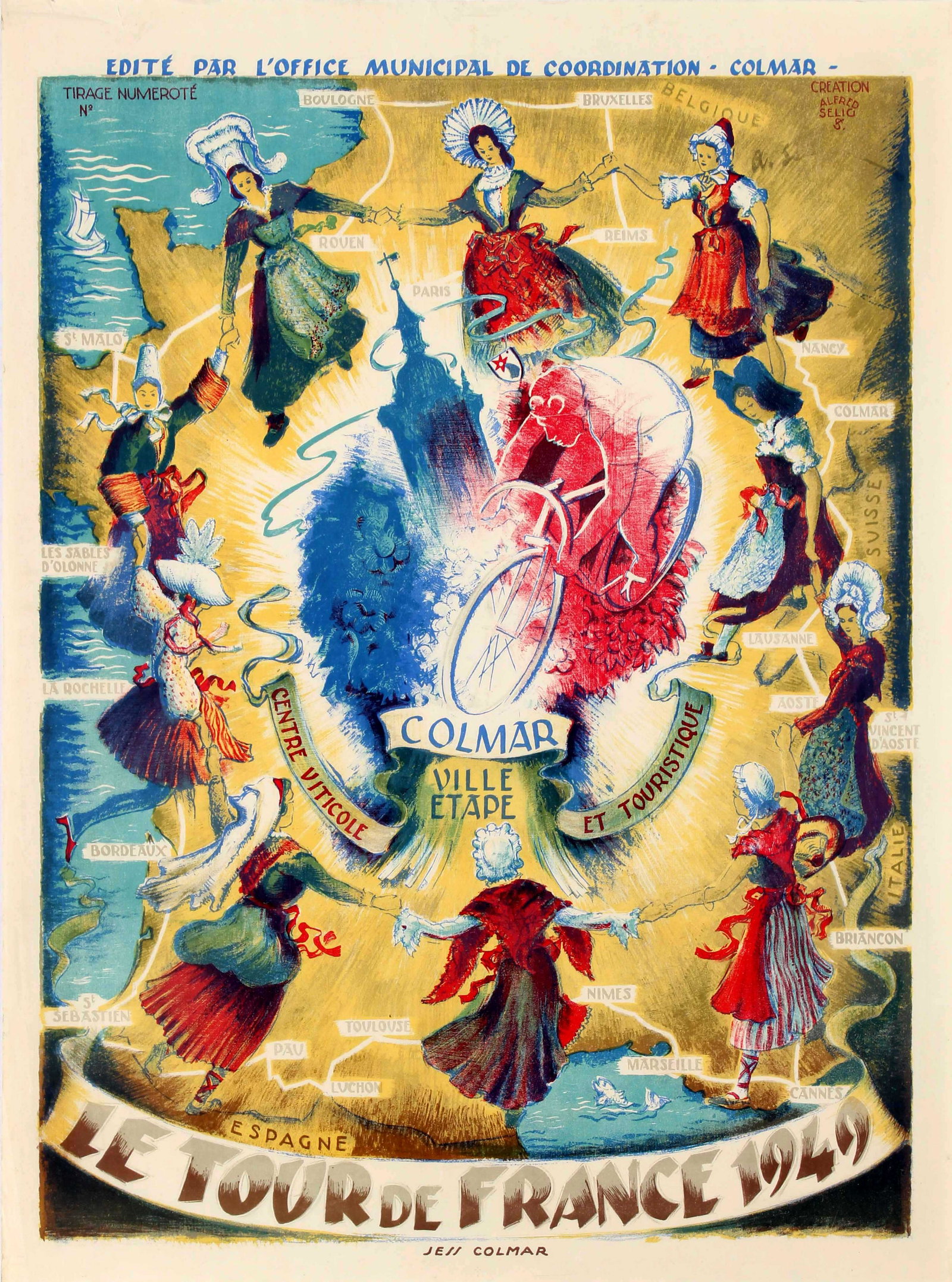 Sport Poster Tour de France 1949 Colmar: Original vintage sport advertising poster for the Tour of France 1949 and the stage city of Colmar - wine and tourist centre / Le Tour de France 1949 Colmar Ville Etape - Centre viticole et touristiqu