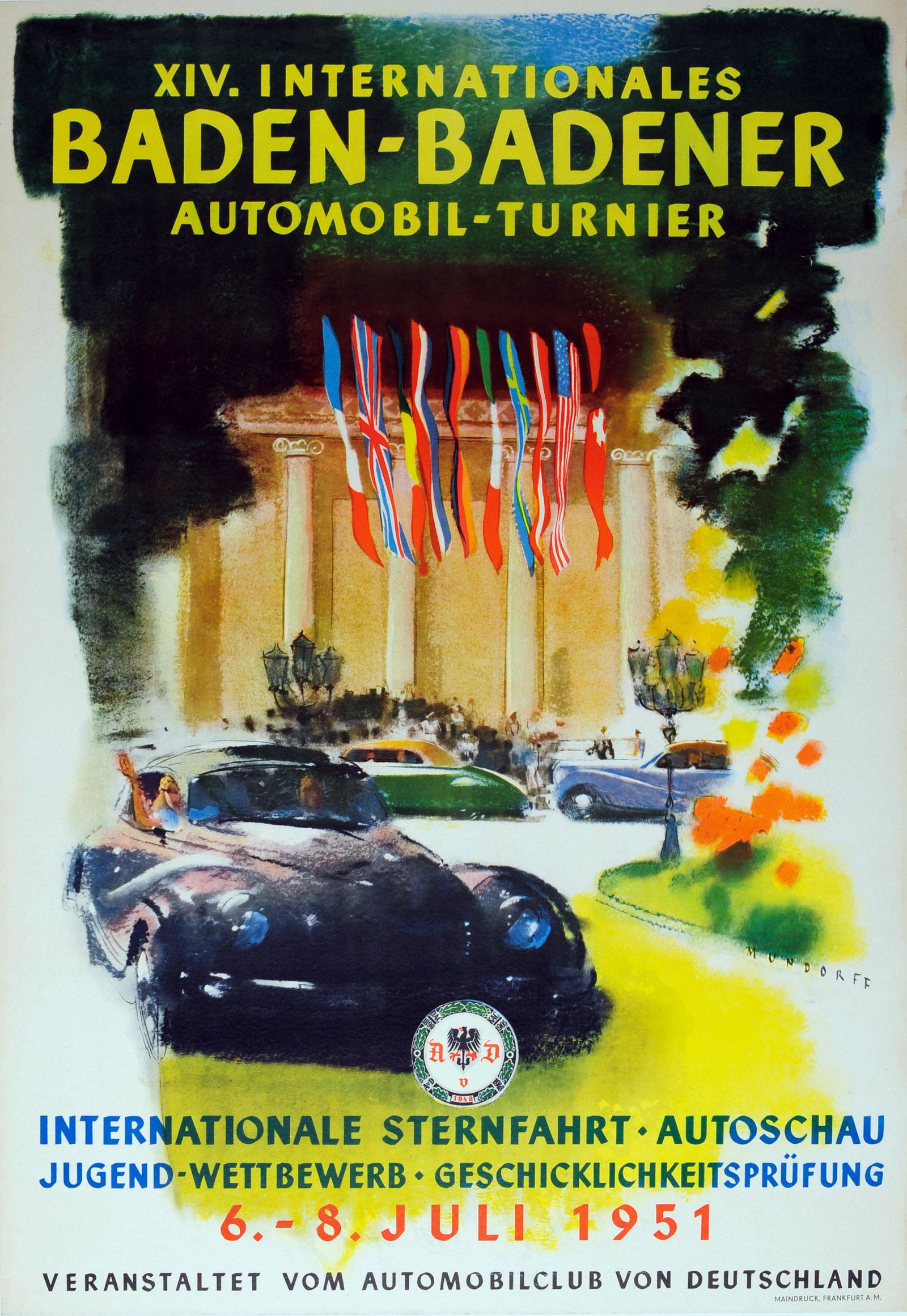 Sport Poster Baden Baden Car Tournament 1951 Porsche: Original vintage sport poster for the XIV International Baden-Baden Car Tournament / Internationales Baden-Badener Automobil-Turnier on 6-8 July 1951. Colourful image featuring people and cars in fron