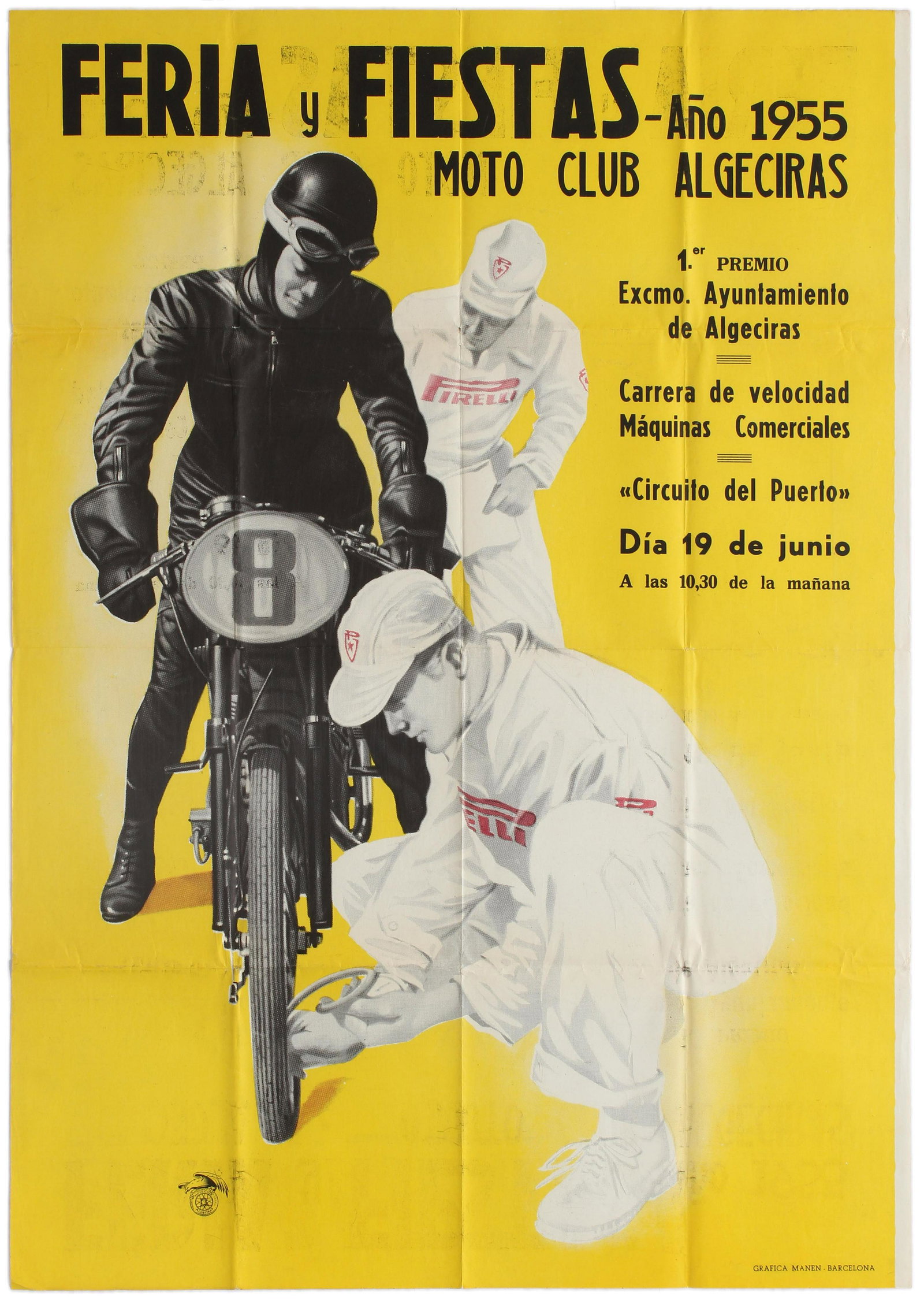 Sport Poster Motorcycle Racing Spain Moto Club: Original vintage sport advertising poster for a motorcycling race event entitled Feria y Fiestas organised by the Algeciras Moto Club and held at the Circuito del Puerto on June 19, 1955, in the port 