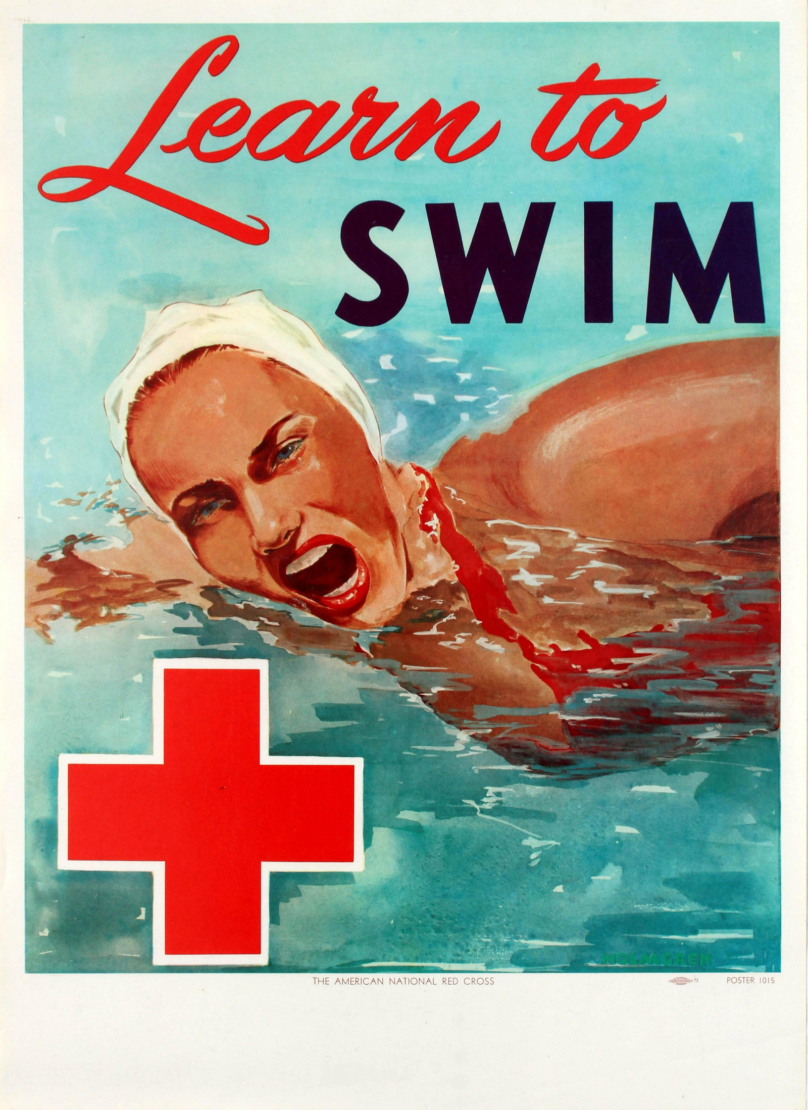 Sport Poster Learn to Swim Swimming USA: Original vintage propaganda advertising poster published by the American National Red Cross (founded 1881) to encourage people to learn to swim featuring a great image of a lady wearing a red swimsuit