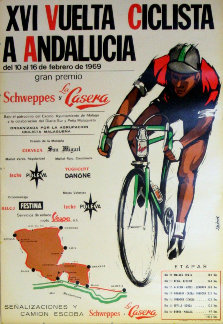 Sport Poster Andalusia Cycling Grand Prix: Original vintage sport poster for the Andalusia Cycling Grand Prix 1969, 10-16 February - XVI Vuelta Ciclista a Andalucia (aka Ruta del Sol / Route of the Sun). This 1969 road bike race was won by Spa