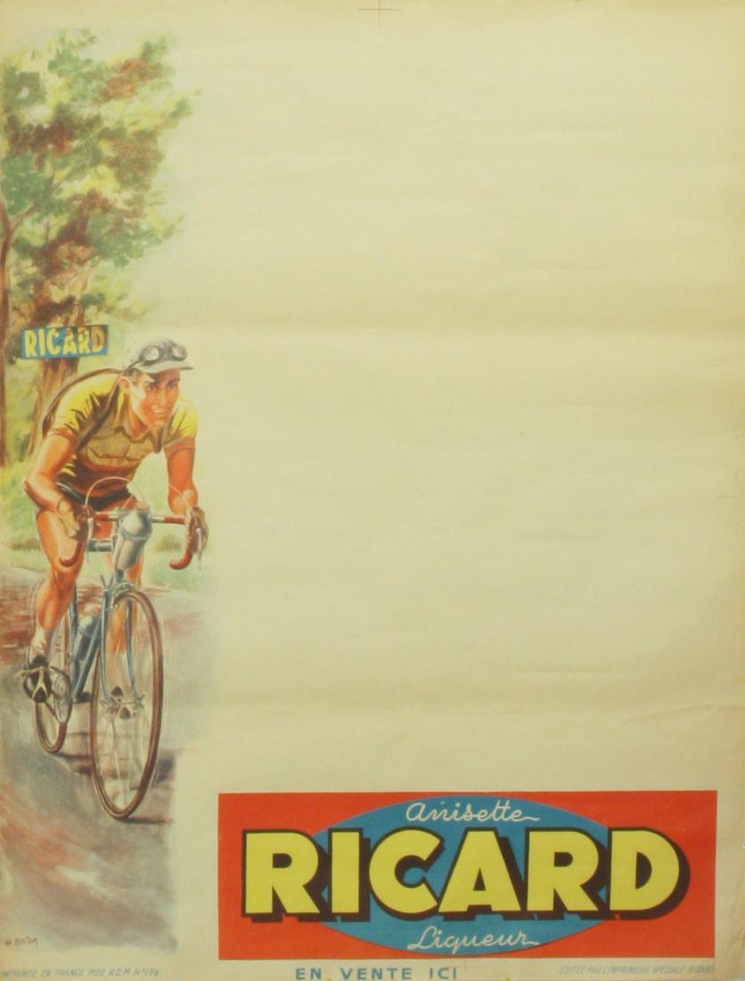 Sport Poster Tour de France Cycling Ricard: Original vintage cycle race announcement poster for the Tour de France printed by Ricard Anisette Liqueur drink featuring a great image of a cyclist wearing a yellow jersey racing his bike with a Rica