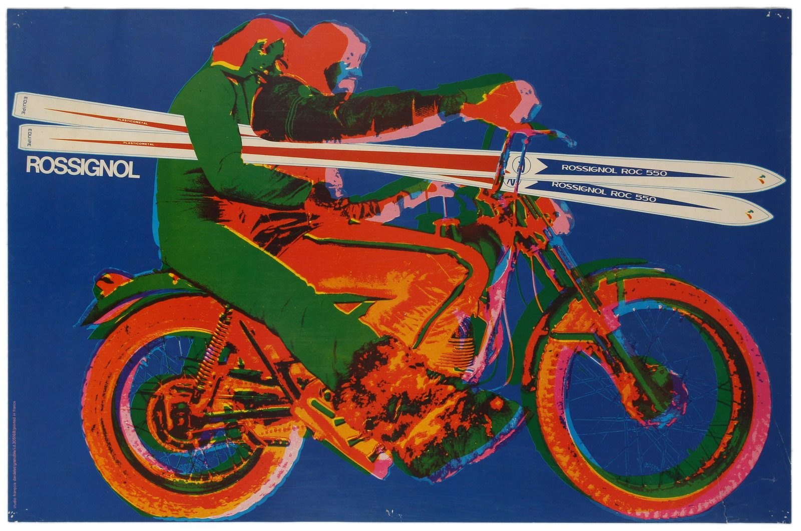 Sport Poster Rossignol Ski Skiing France Psychedelic: Original vintage sport advertising poster for Skis Rossignol and for its famous plasticometal Rossignol Roc 550 skis. Skis Rossignol (or simply Rossignol) is a French manufacturer of alpine, snowboard