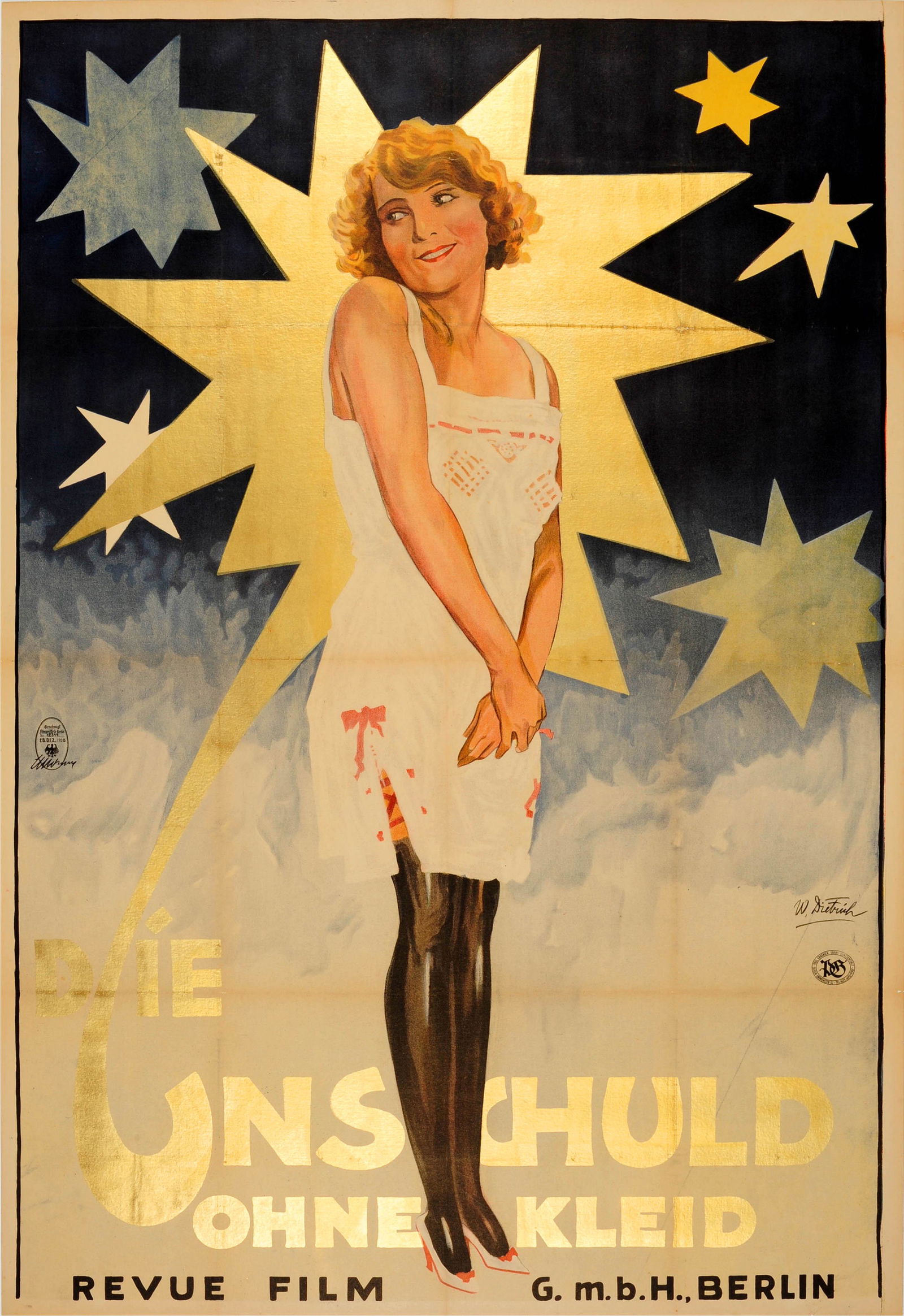 Movie Poster The Innocence Without A Dress Flapper: Original vintage movie poster for the silent black and white German film The Innocence Without A Dress / Die Unschuld Ohne Kleid directed by Karl Halden and starring Wilhelm Bendow, Margarete Kupfer a