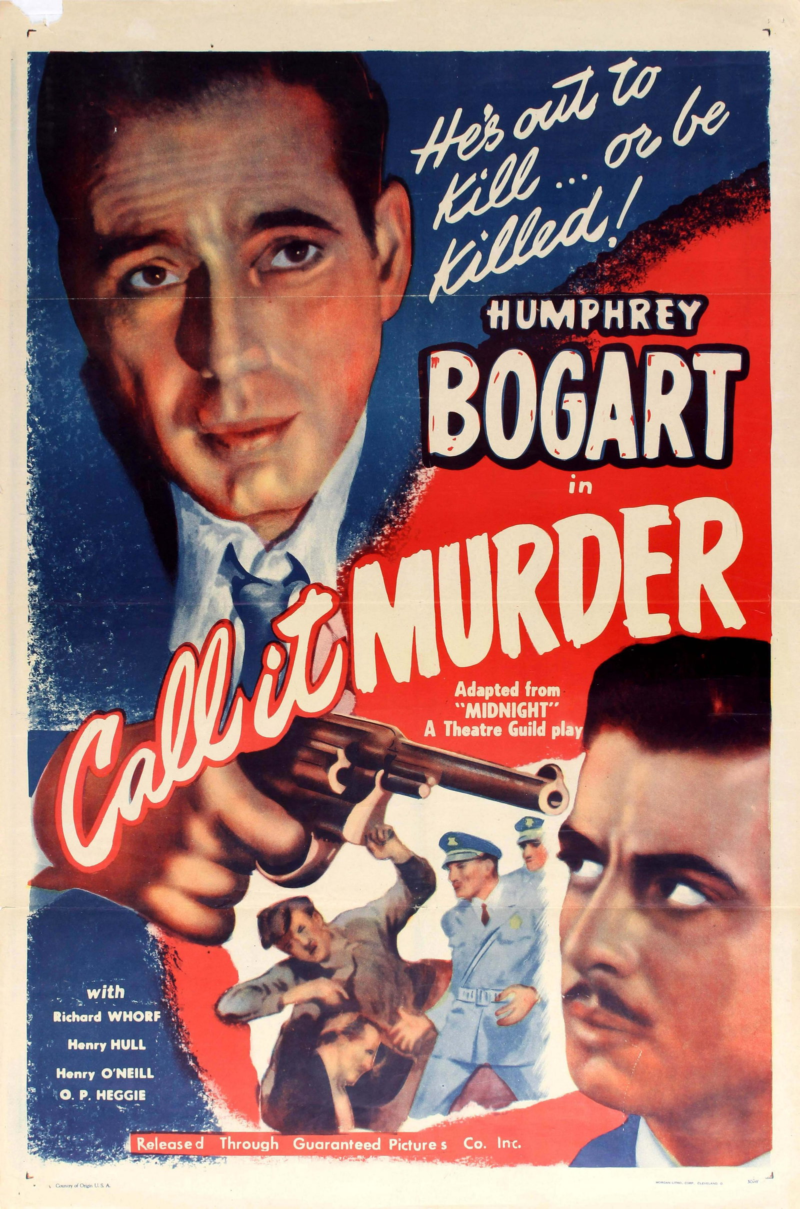 Movie Poster Call it Murder Midnight Humphrey Bogart: Original vintage movie poster for the re-release of the 1934 classic crime thriller film Call it Murder (adapted from Midnight a Theatre Guild play) by Chester Erskine and starring Humphrey Bogart, Si