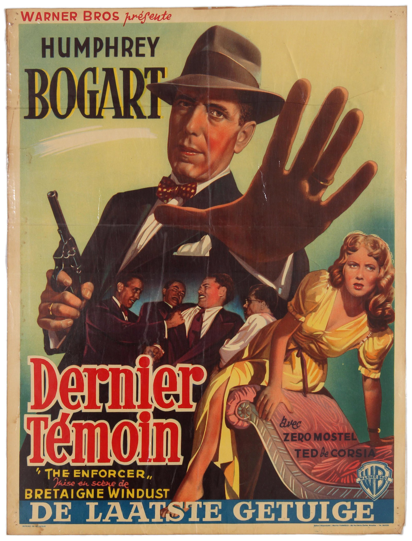Movie Poster Enforcer Humphrey Bogart Belgian: Original vintage movie poster for the Belgian release of the American Film The Enforcer (Belgian title: De Laatste Getuige; French title: Le Dernier Temoin), directed by Bretaigne Windust and starring