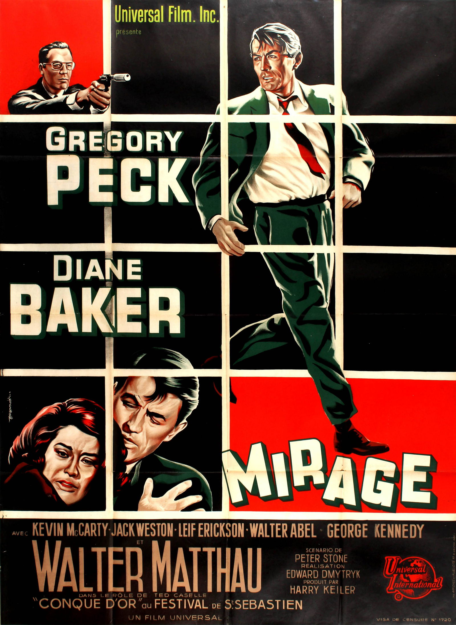 Movie Poster Mirage Gregory Peck: Original vintage movie poster for the French release of an American mystery thriller film Mirage directed by Edward Dmytryk and starring Gregory Peck, Diane Baker, Walter Matthau, Kevin McCarty, Jack