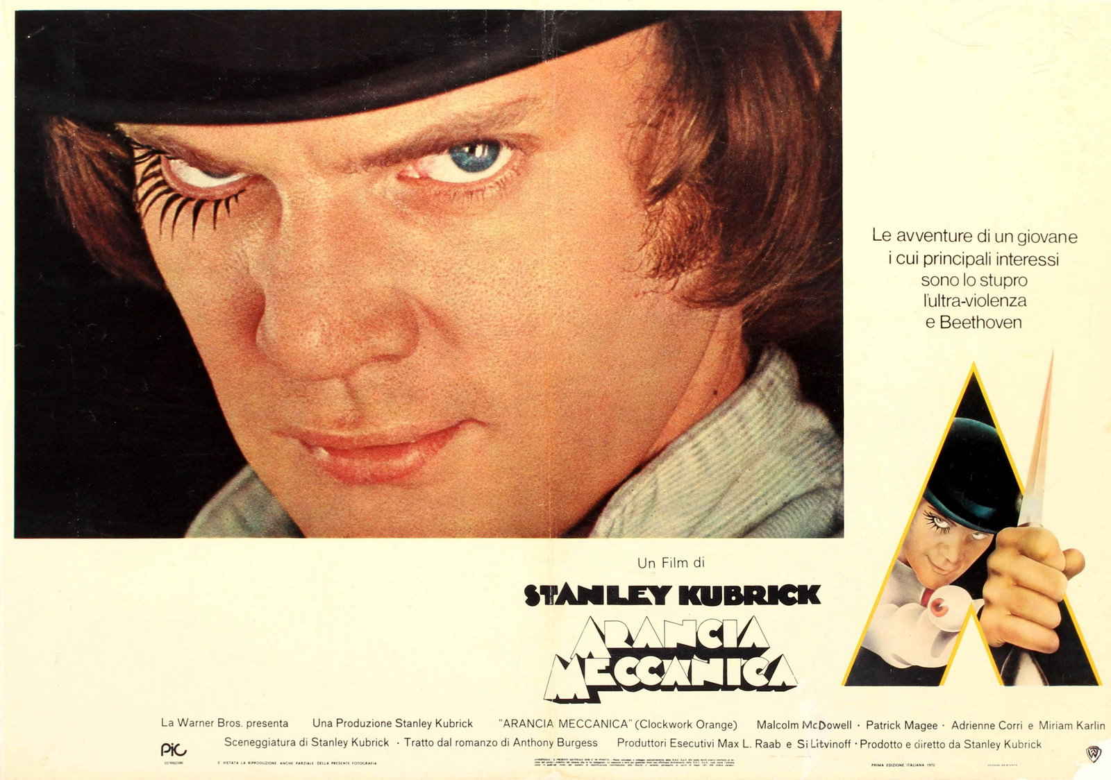 Movie Poster A Clockwork Orange Kubrick Fotobusta: Original vintage movie poster for the Italian release of the cult dystopian crime film A Clockwork Orange / Arancia Meccanica about a young psychopath interested in rape, violence and Beethoven, based