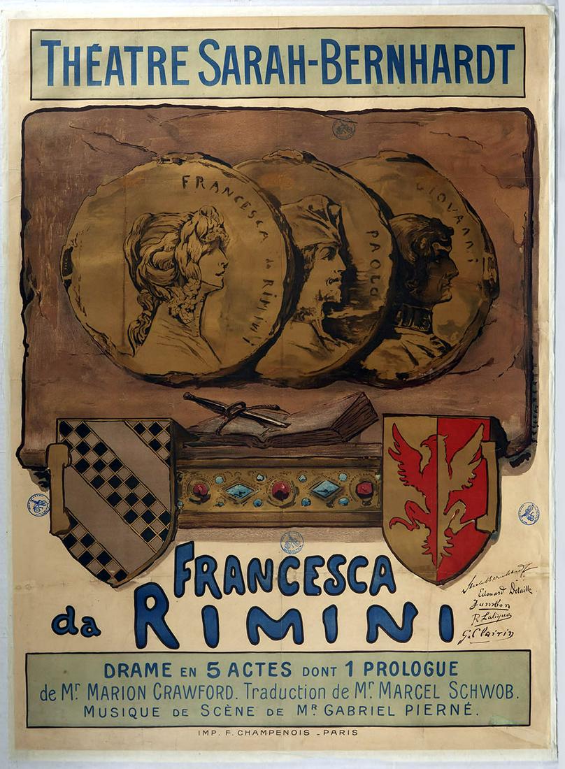 Advertising Poster Theatre Sarah Bernhardt Francesca de: Original vintage theatre advertising poster for the play Francesca de Rimini at the Theatre Sarah Bernhardt in Paris, now named the Theatre de la Ville. The famous French stage actress Sarah Bernhardt