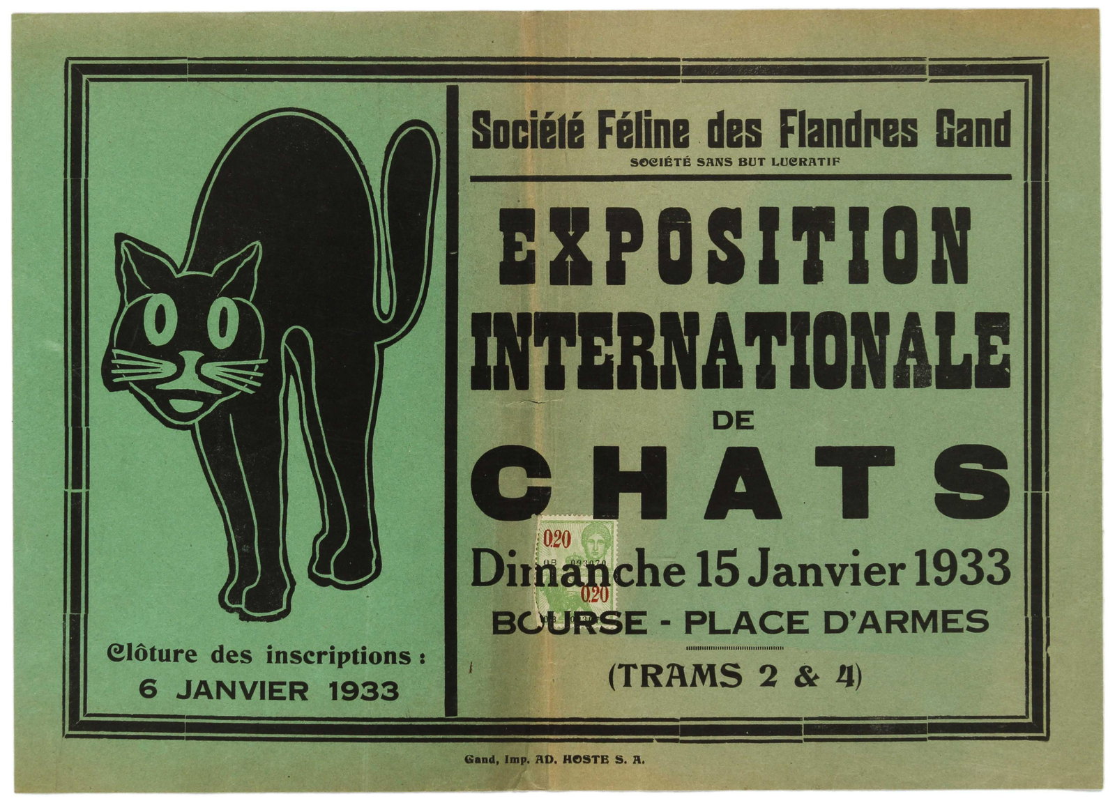 Advertising Poster International Cat Show Belgium: Original vintage advertising published by the Feline Society of Flanders Ghent (La SociÃ©tÃ© FÃ©line des Flandres Gand) to promote the 1933 International Cat Show (Exposition Internationale de C