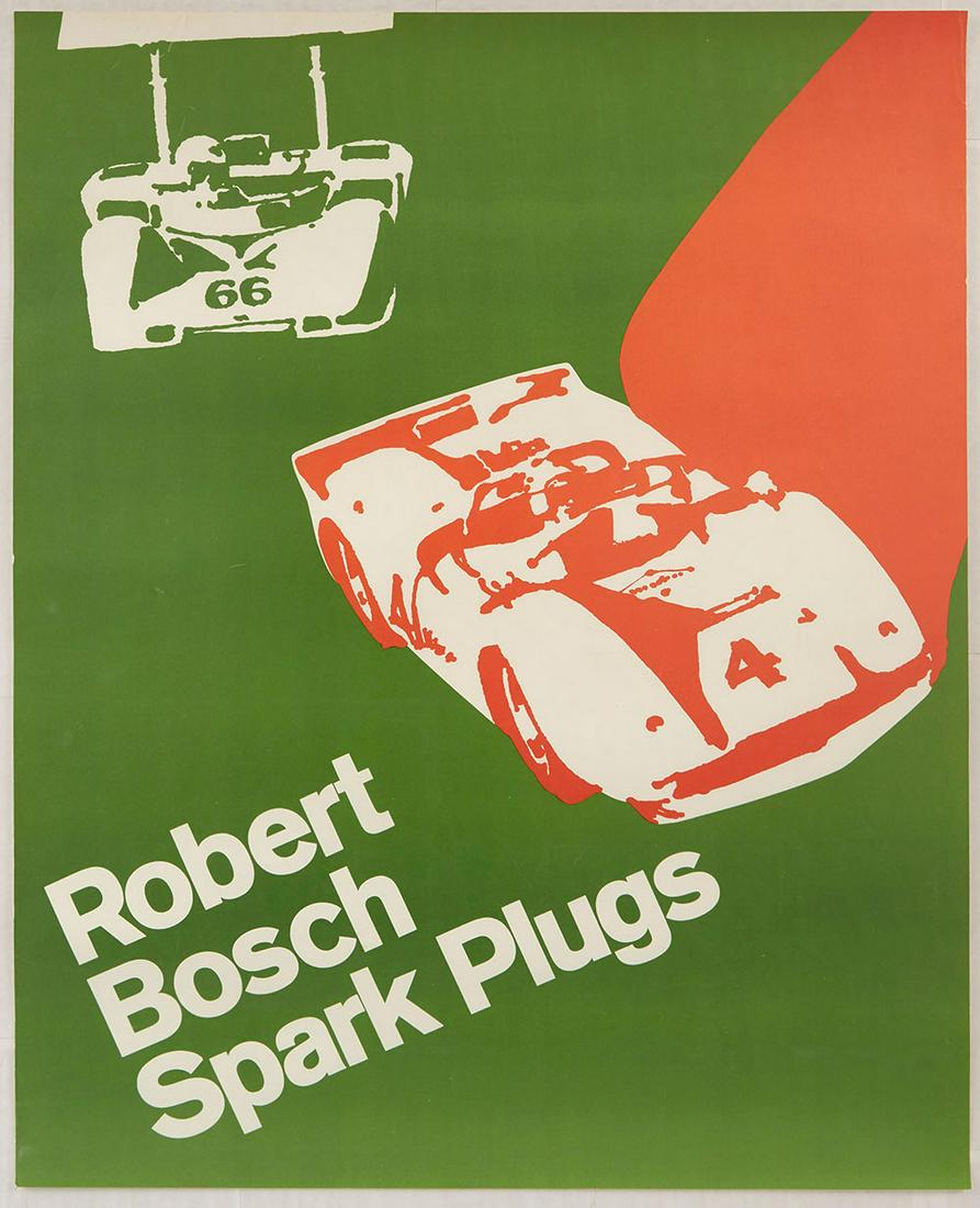 Advertising Poster Robert Bosch Spark Plugs Green Car: Original vintage advertising poster for Robert Bosch Spark Plugs featuring a stylised illustration depicting two white cars racing and set against a green background with bold white lettering in the b