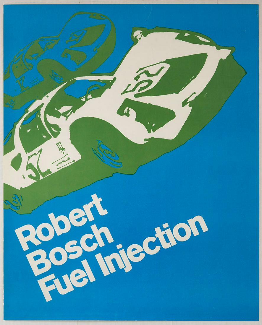 Advertising Poster Robert Bosch Fuel Injection Car: Original vintage advertising poster for Robert Bosch Fuel Injection featuring a great illustration of two green cars racing on a blue background with bold white lettering below. Condition: Excellent c
