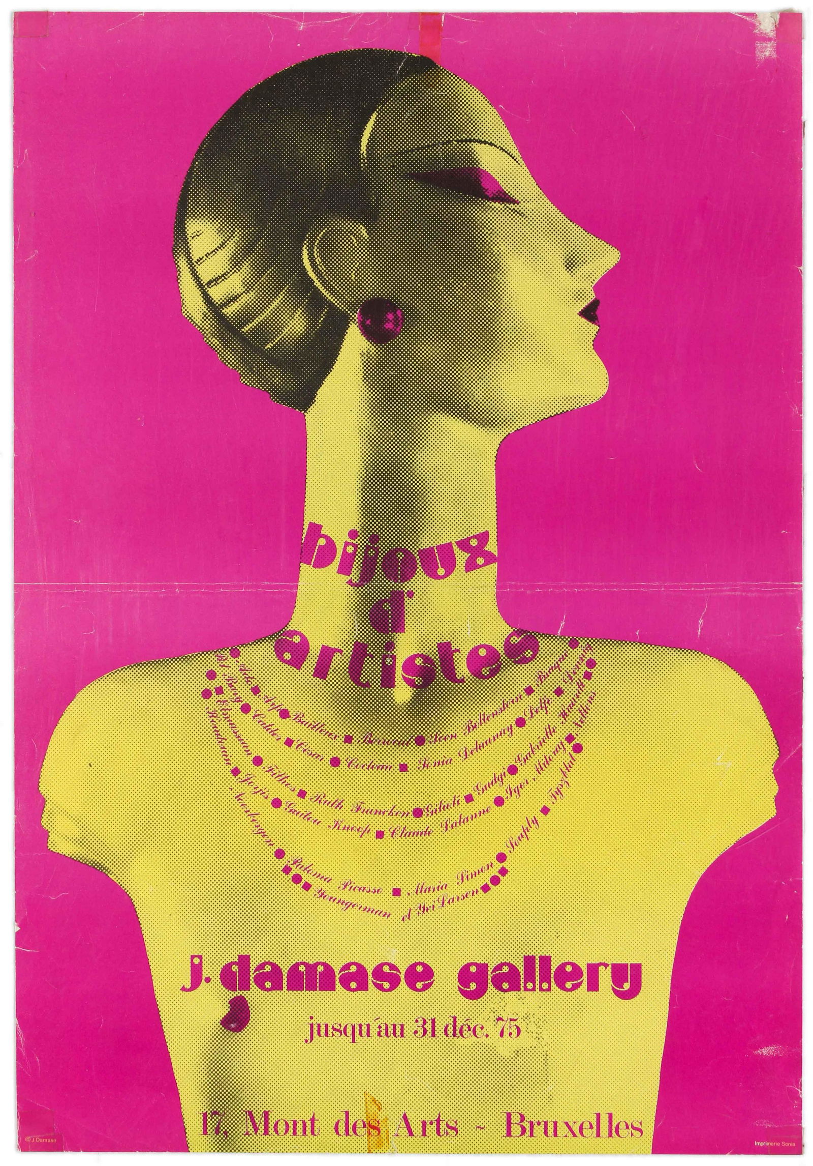 Advertising Poster Artists Jewellery Exhibition Fashion: Original vintage advertising poster for an exhibition of artists' jewellery at Jacques Damase Gallery, 17 Mont des Arts Brussels in 1975, featuring works by prominent artists such as Alexander Calder,