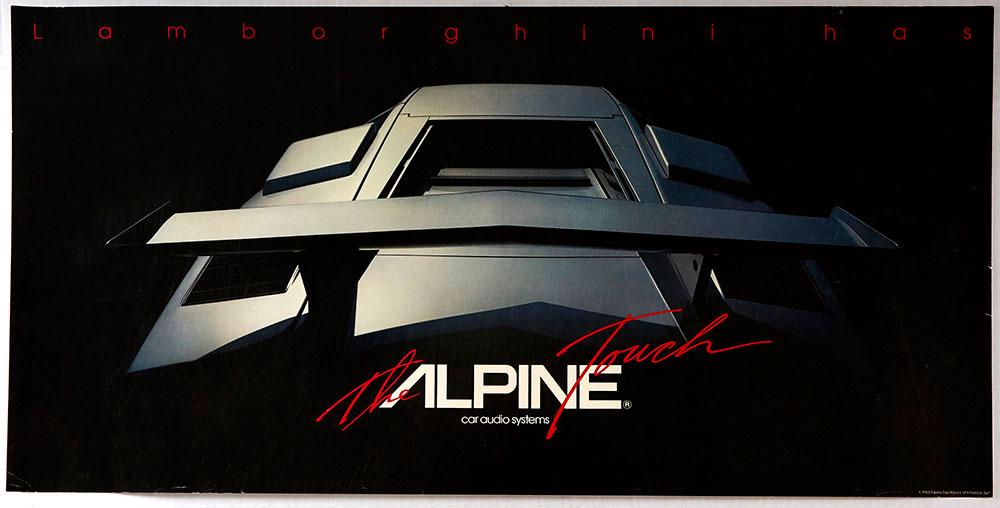 Advertising Poster Lamborghini Countach Alpine touch: Original vintage advertising poster for Alpine car audio systems. Alpine Electronics, of the Japanese company Alps Electric, specialises in car audio and navigation systems. The slogan reads "Lamborgh