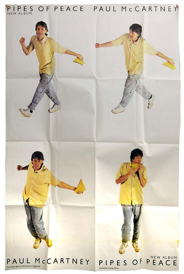 Advertising Poster Paul McCartney Record Pipes of Peace: Original vintage music advertising poster for Sir Paul McCartney's fourth studio album Pipes of Peace, released in 1983. The album was source of international hit singles such as "Say Say Say" (record