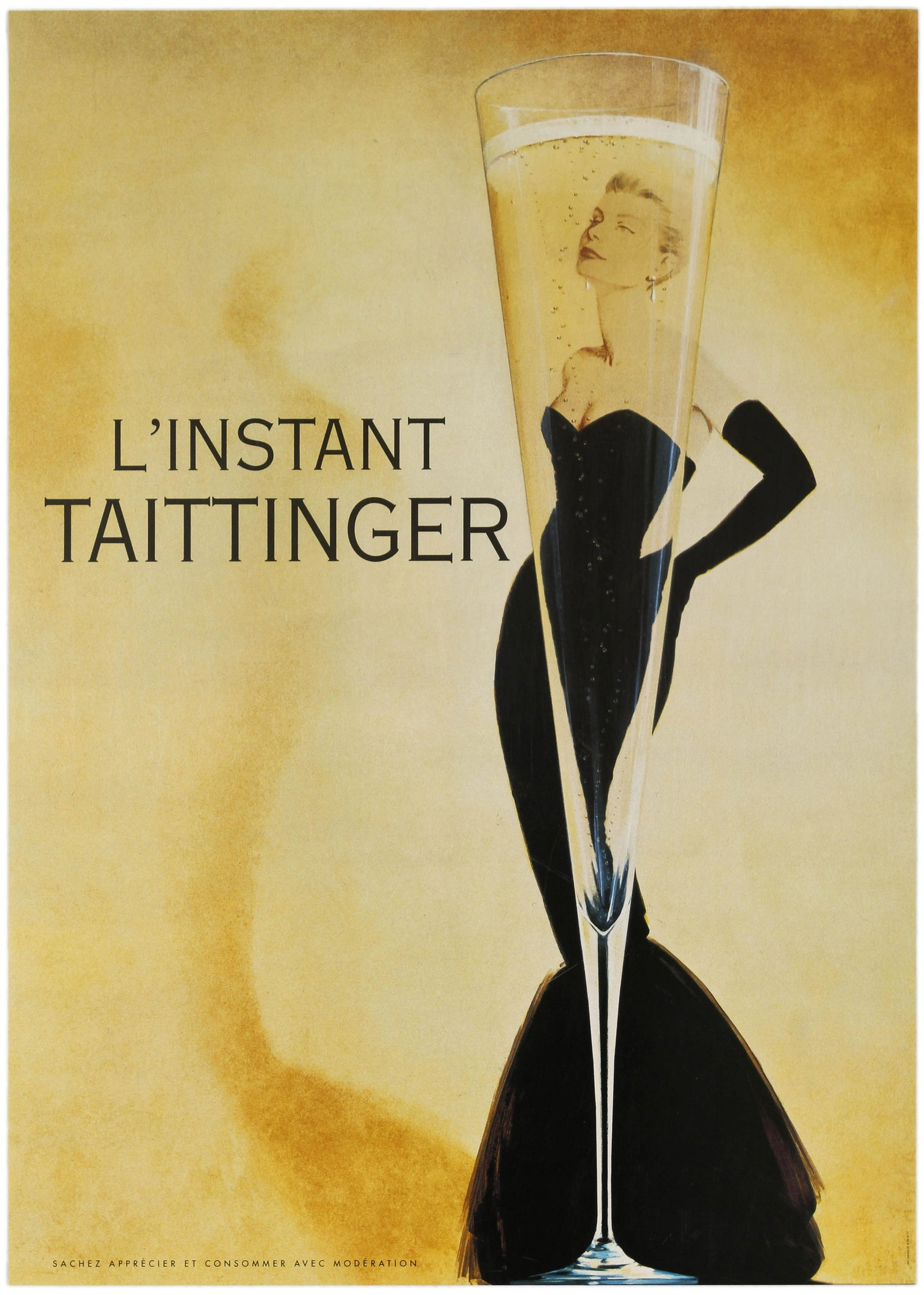 Advertising Poster Linstant Taittinger Champagne Grace: Original vintage drink advertising poster for Taittinger champagne. Classic image of an elegant lady wearing a fashionable black fishtail evening dress and long black gloves behind a glass full of cha
