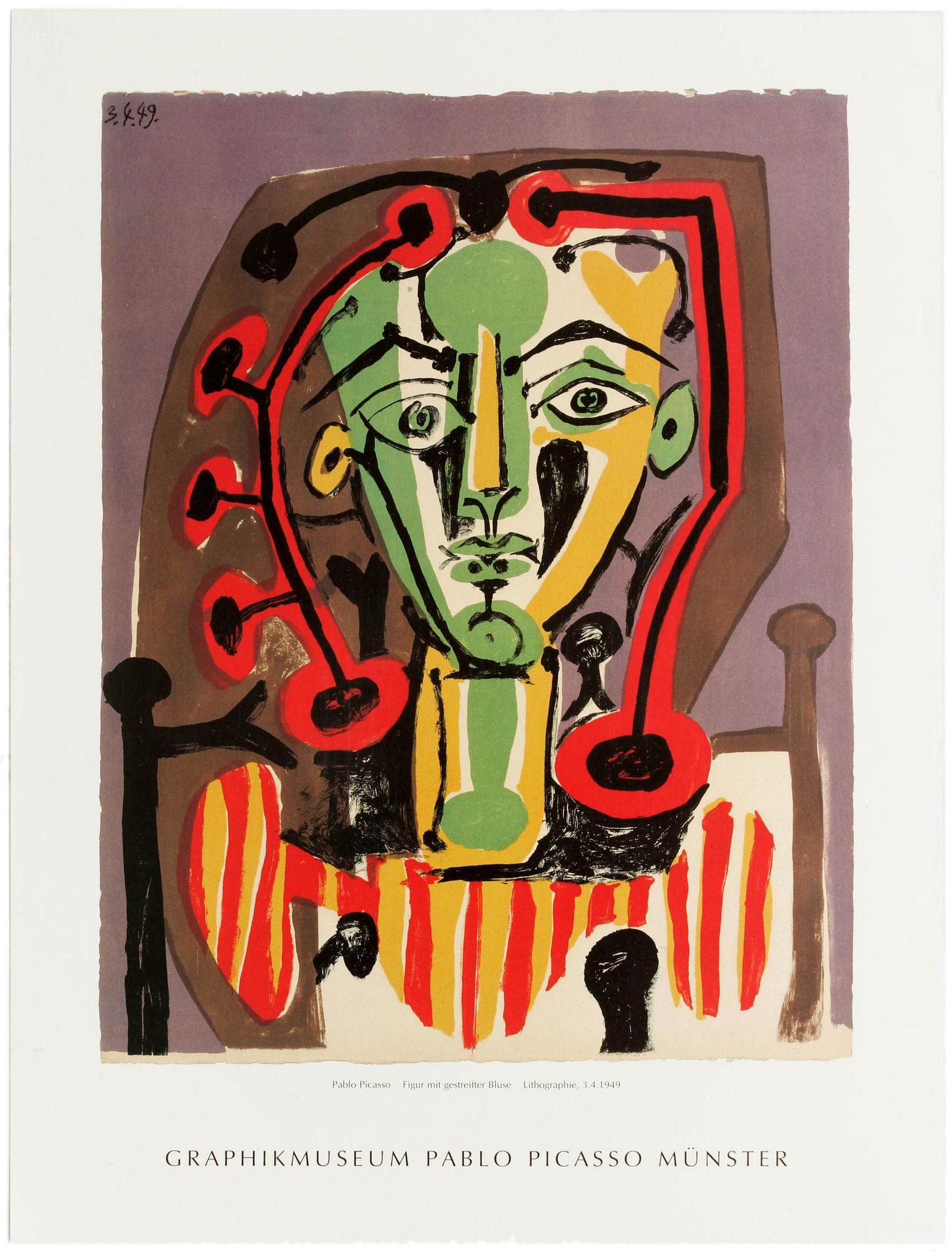 Advertising Poster Pablo Picasso Figure in a Striped: Commercial art print - Poster for exhibition Graphikmuseum Pablo Picasso Munster - Expressive Picasso lithograph titled Figure in a Striped Blouse. Signatures from the original drawing appears with th