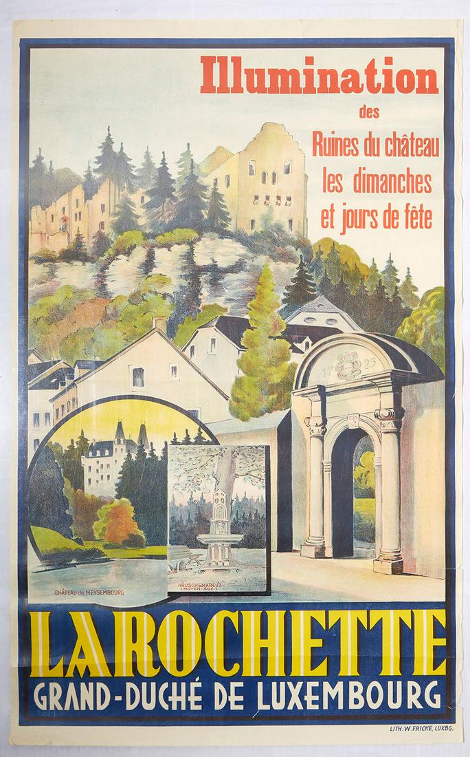 Travel Poster La Rochette Grand Duche Luxembourg: Original vintage travel advertising poster for Larochette, a commune and town in central Luxembourg, in the canton of Mersch. It is situated on the White Ernz river. Standing high above the town, Laro