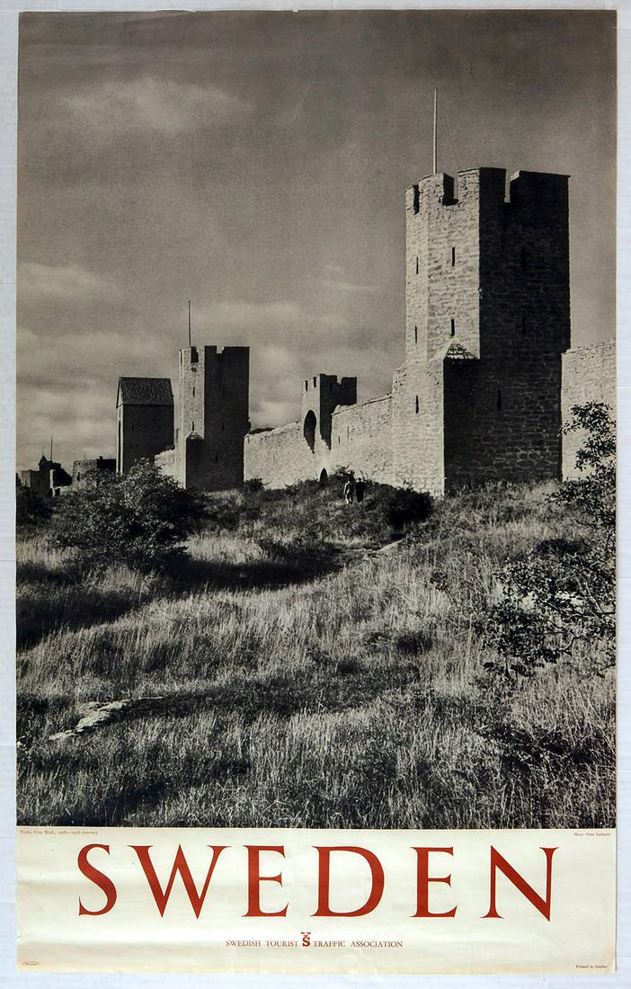 Travel Poster Sweden Visby City Wall Lundquist: Original vintage travel poster published by the Swedish Tourist Traffic association to promote Sweden and the medieval town of Visby as tourist destinations. The poster features a black and white phot