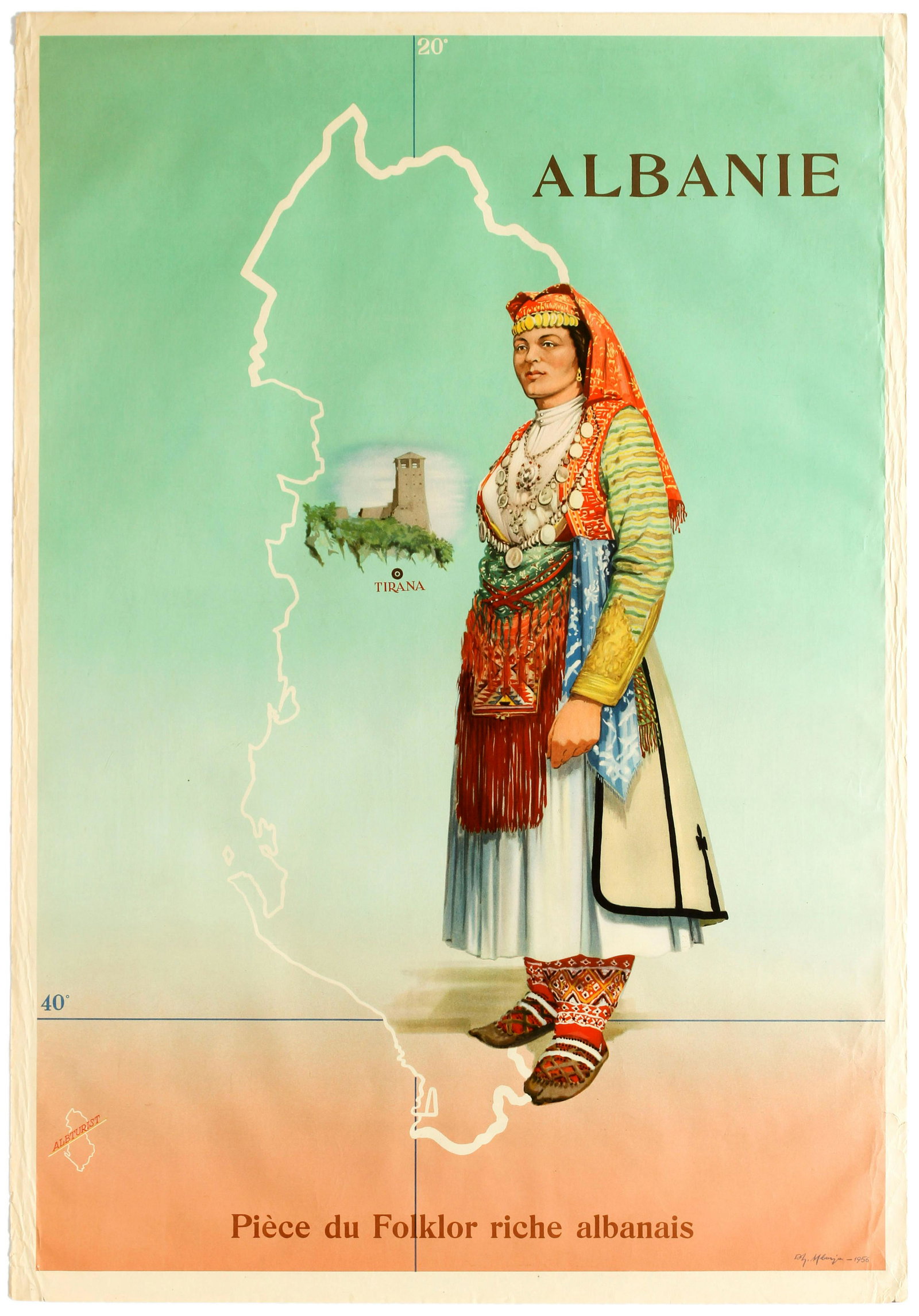Travel Poster Albania Folklore Folk Dancer: Original vintage travel advertising poster Albania - Part of the Albanian Rich Folklore / Albanie, PiÃ¨ce du Folkor riche Albanais - Featuring a great illustration by Dh Mbarja of a woman in traditi
