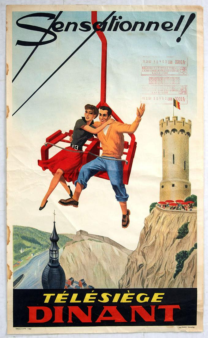 Travel Poster Sensational Dinant Chairlift Walloon: Original vintage travel advertising poster for the chairlift ride at Dinant, a Walloon city and municipality located on the River Meuse, in the Belgian province of Namur. Features the top of the spire