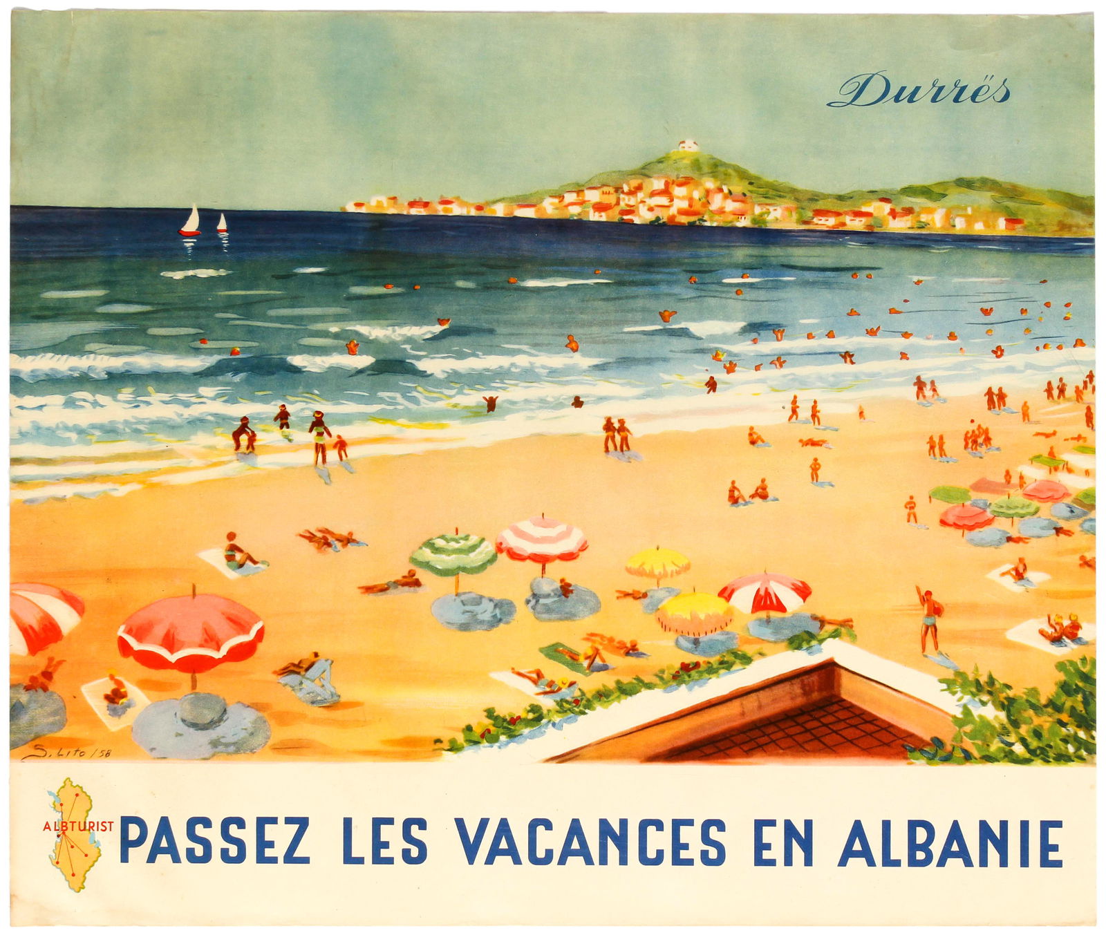 Travel Poster Holidays Beach Albania Albanie Albturist: Original vintage travel poster published in French by Albturist, the Albanian National Tourist Department, to promote the coastal city of DurrÃ«s, located on the Adriatic coast in Albania, as a tour