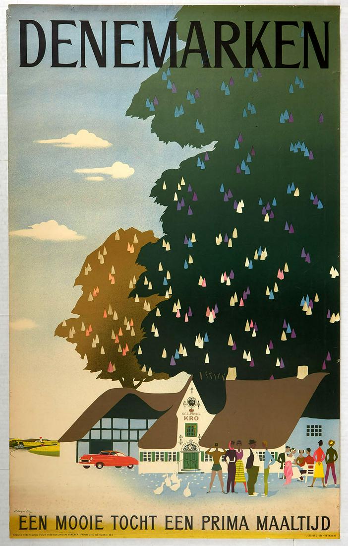 Travel Poster Denmark Nice Trip Fine Meal: Original vintage travel advertising poster for Denmark, published by the Danish Association for Foreigners in Esbjerg , Denmark. It was targeted for a Dutch audience, with the slogan 'Een mooie tocht 