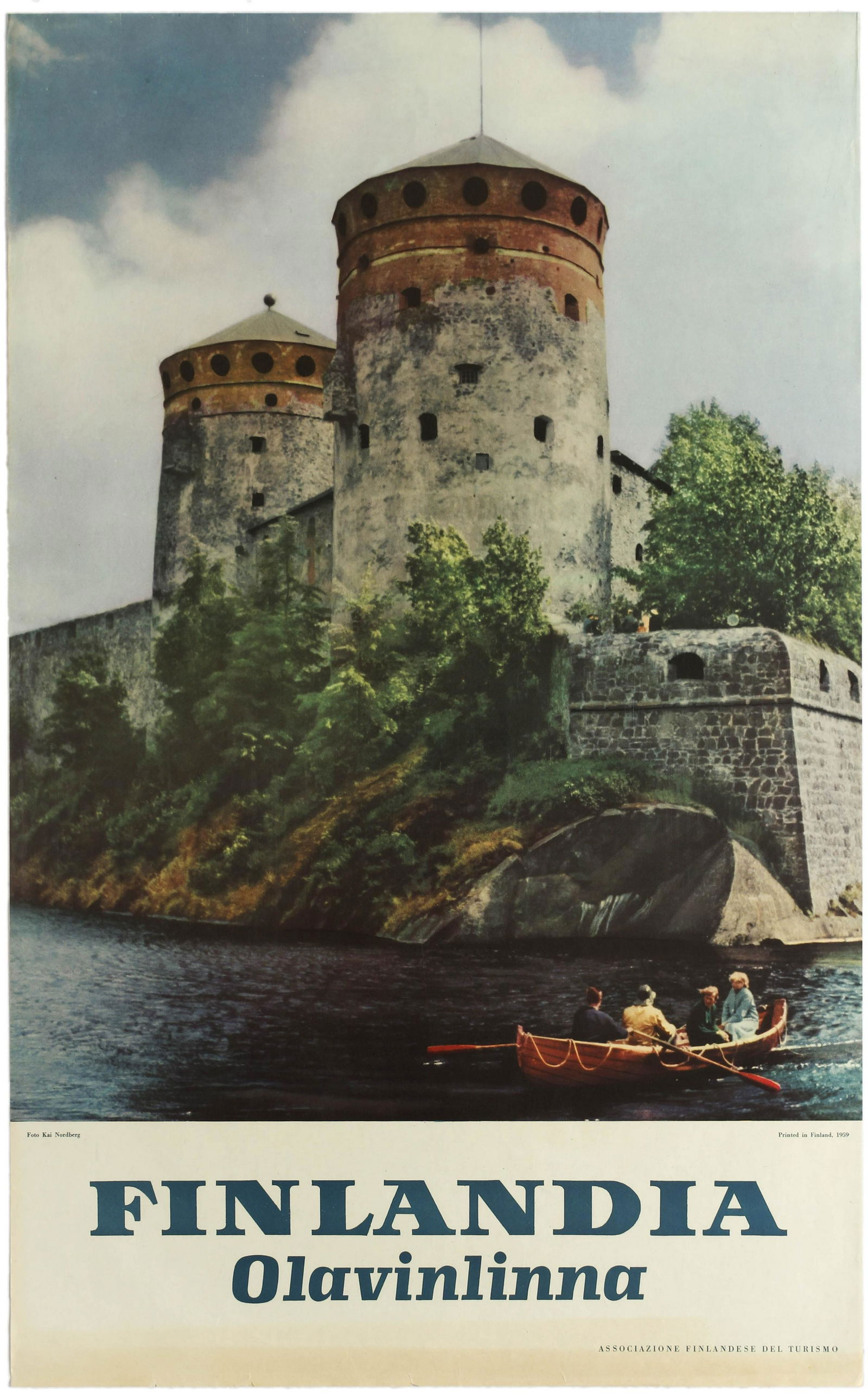 Travel Poster Olavinlinna Castle Finland Kai Nordberg: Original vintage travel poster published in Italian by the Finish Association of Tourism to promote Finland (Finlandia) and the Olavinlinna Castle as tourist destinations. This poster features a great